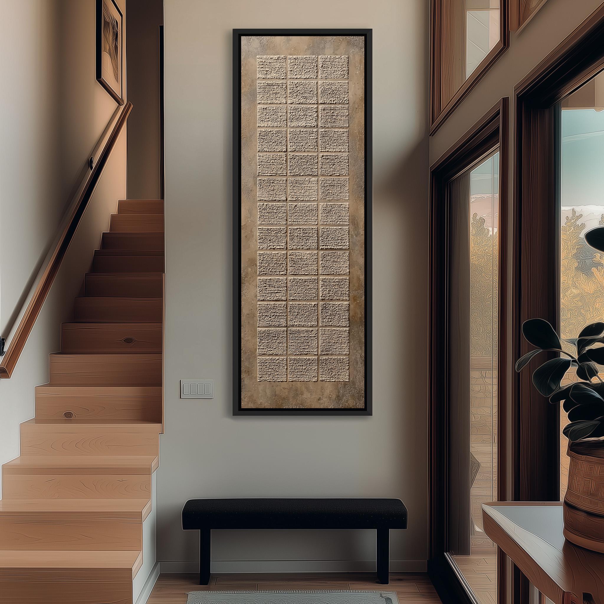 a modern and minimalist interior design, featuring a large wooden staircase, a black bench, and a large abstract artwork on the wall.