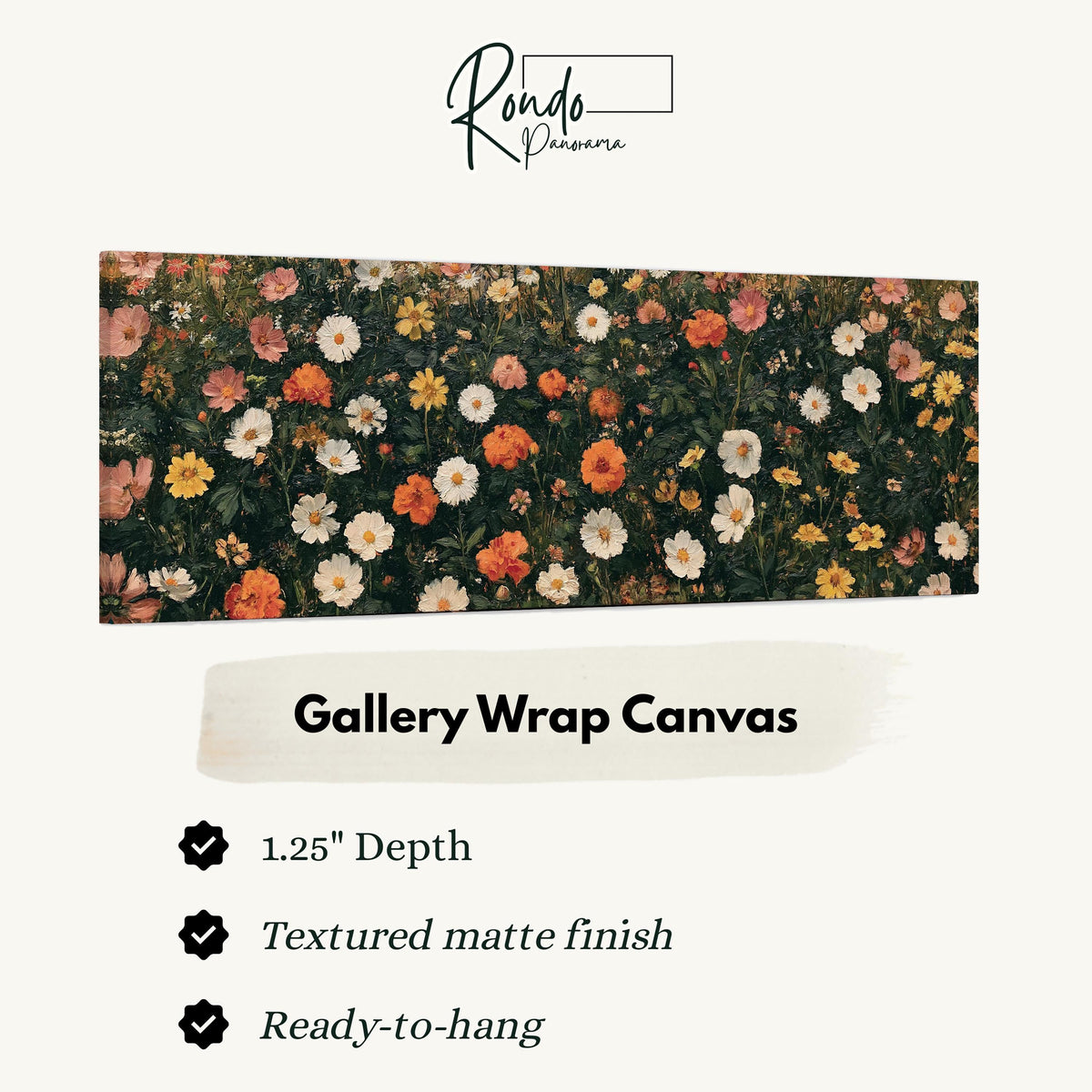 Blooming floral tapestry on dark green gallery wrap canvas with the image wrapped around the edges
