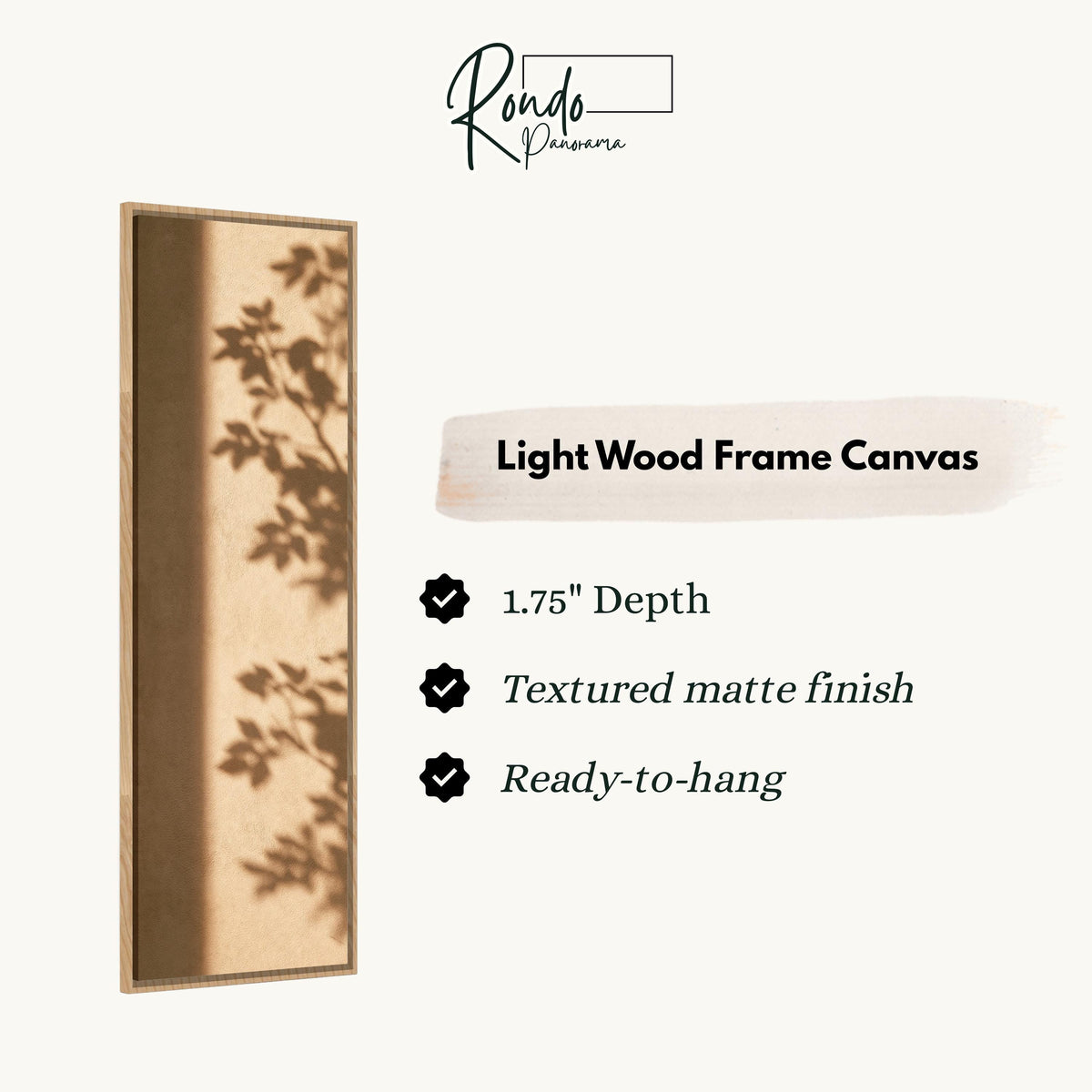 Leaf shadows on a warm tan wall canvas print in a light wood floating frame