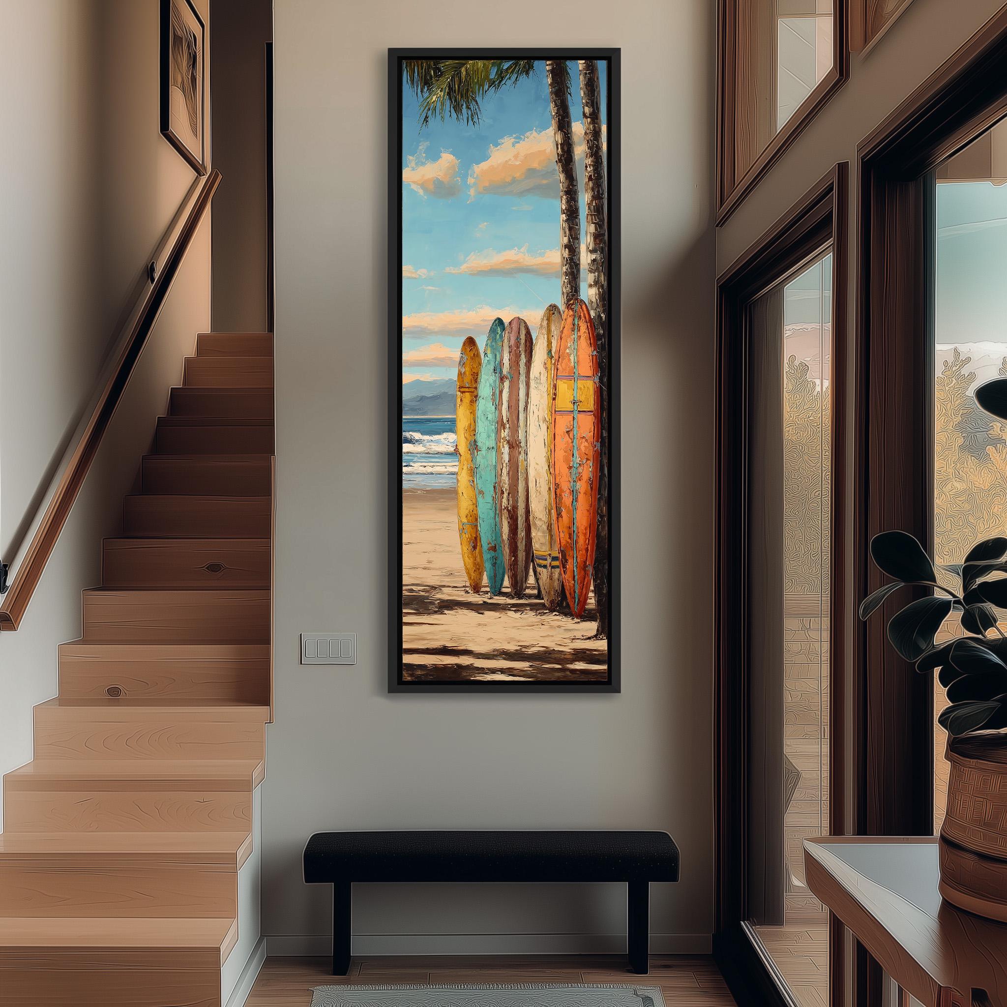 a large framed painting of colorful surfboards leaning against a wall, with a beach scene in the background.