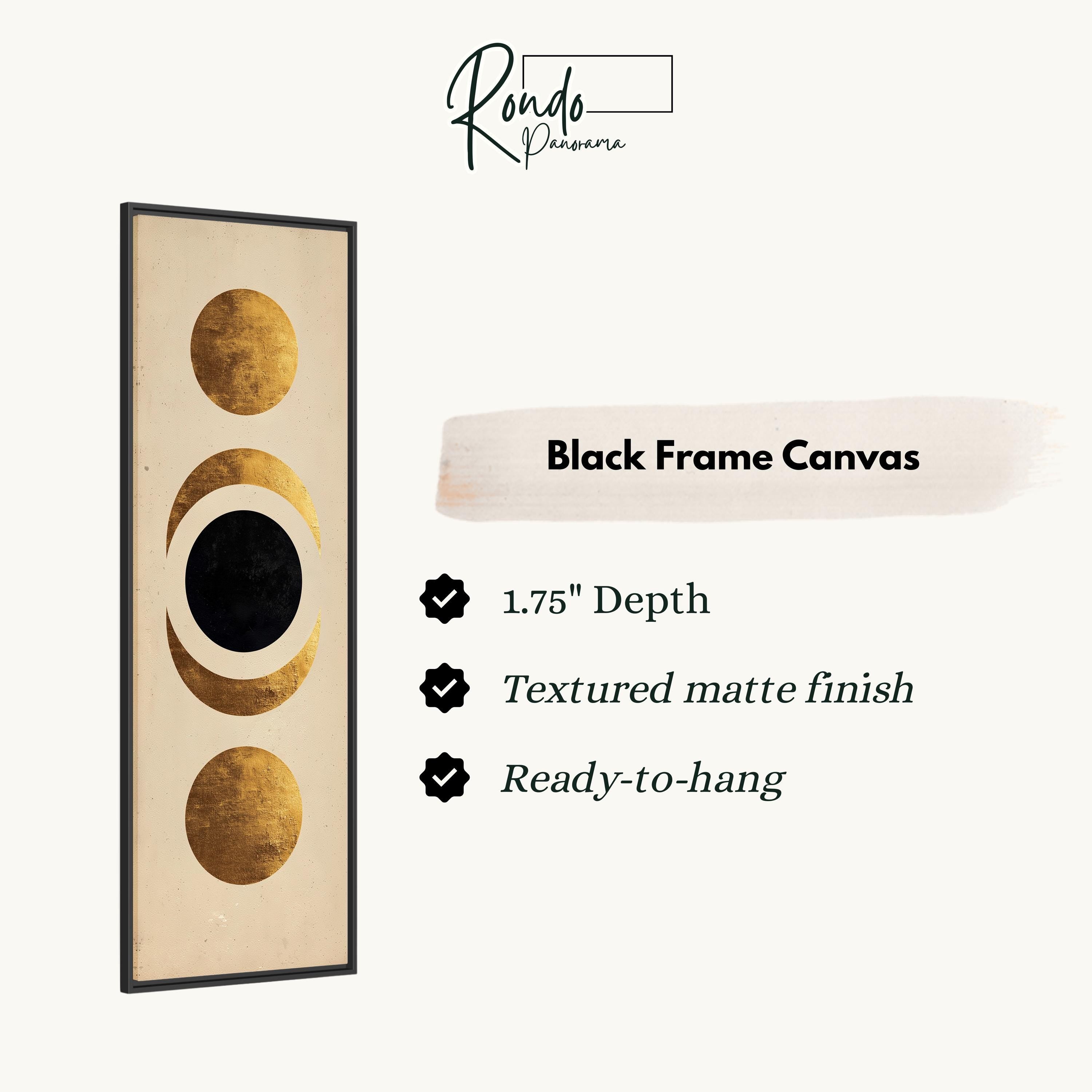 The image is a black frame canvas with a gold design featuring three circles, one larger than the other two, and a black circle in the center.