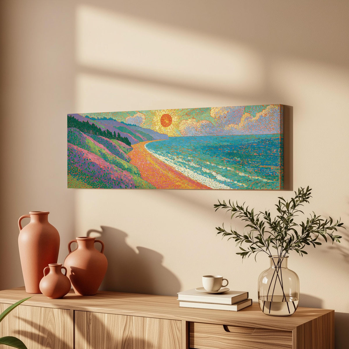 Coastal cliffs at sunset long horizontal canvas print above a wooden sideboard