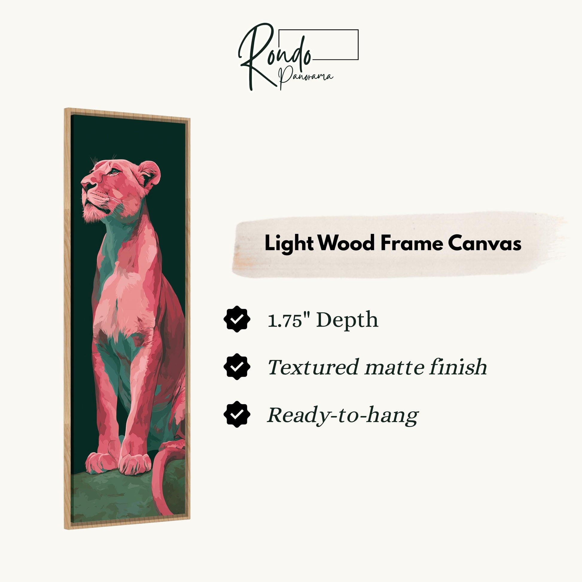The image is a light wood frame canvas featuring a vibrant pink panther.