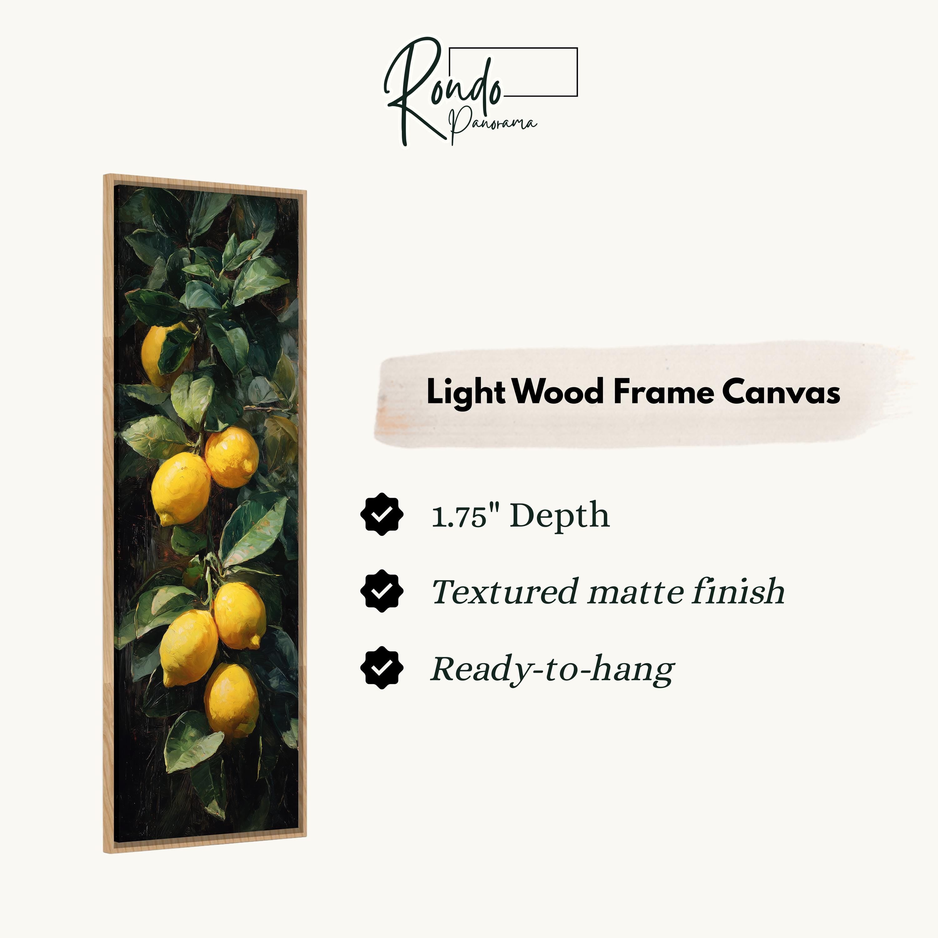 The image is a light wood frame canvas depicting a close-up of lemons hanging from a branch.