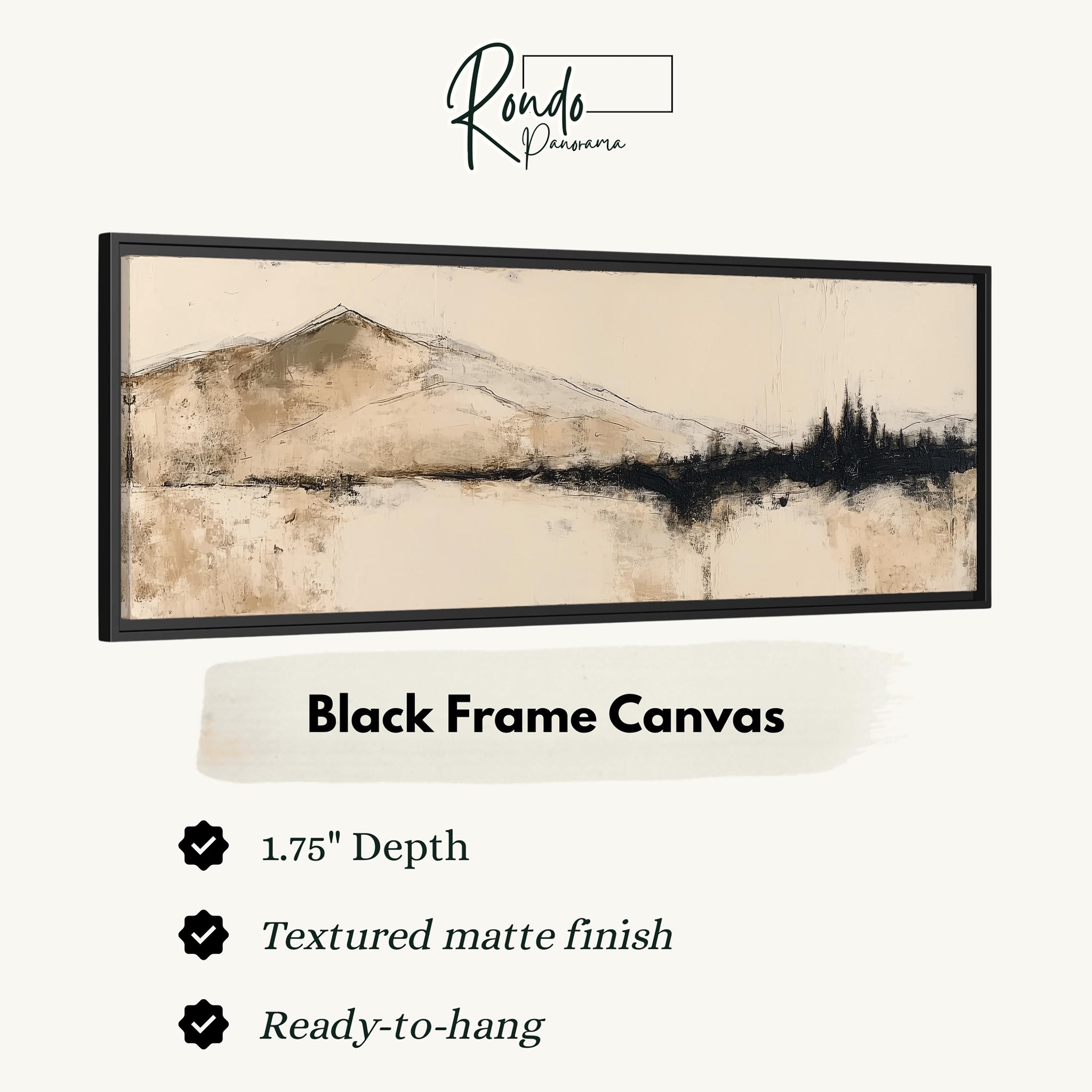The image is a black frame canvas depicting a landscape with mountains and trees.