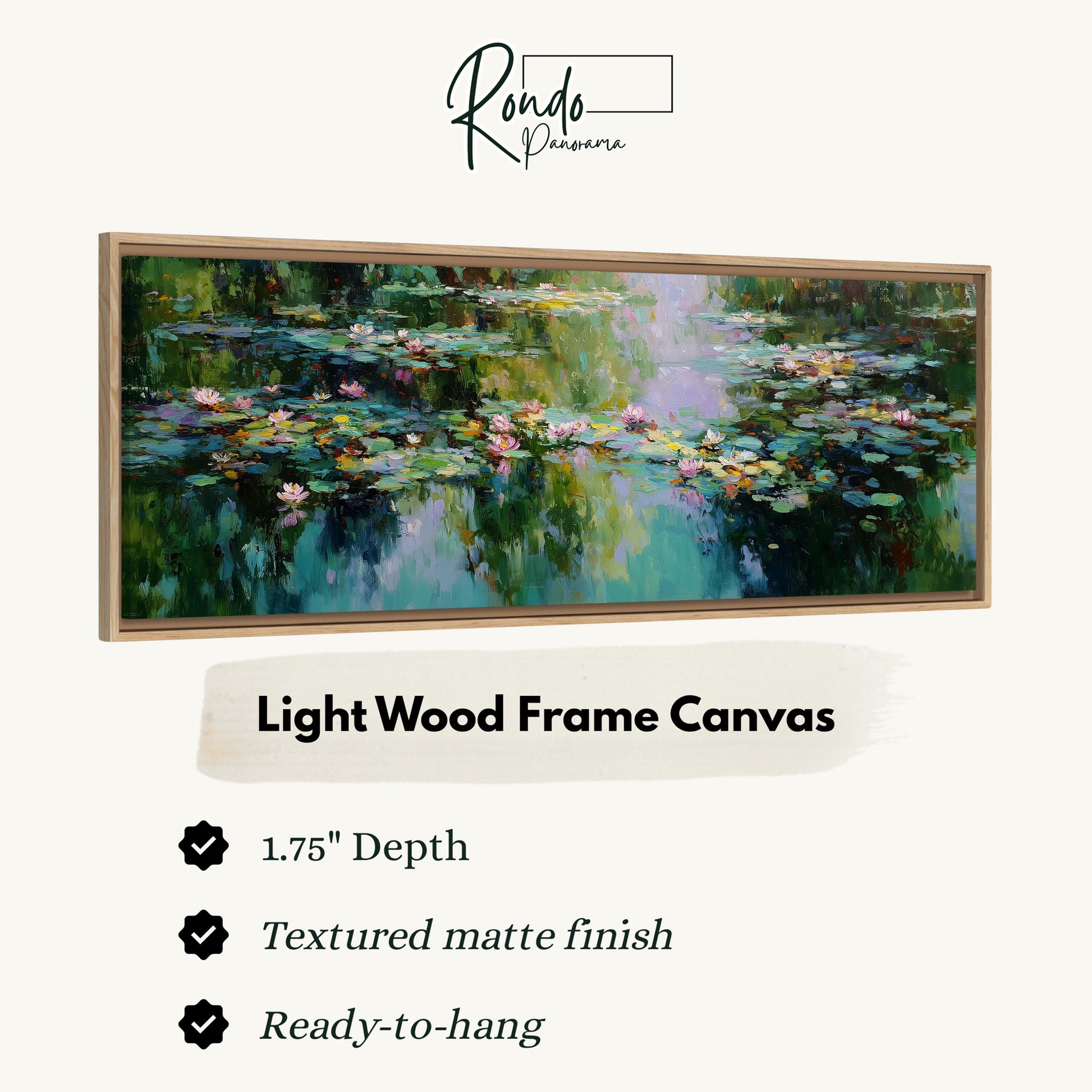 The image is a framed painting of a water lily pond with lily pads, displayed on a light wood frame.