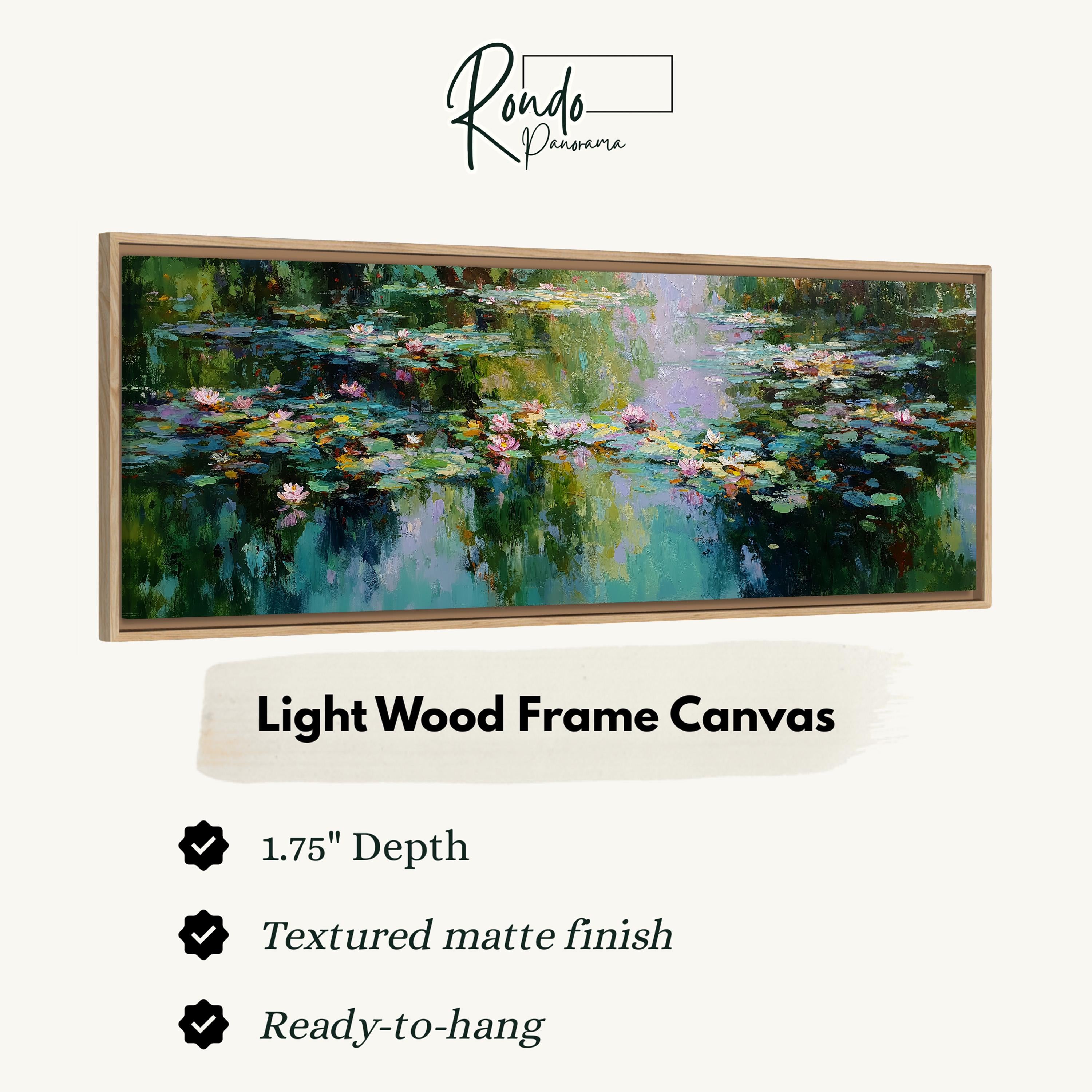 The image is a framed painting of a water lily pond with lily pads, displayed on a light wood frame.