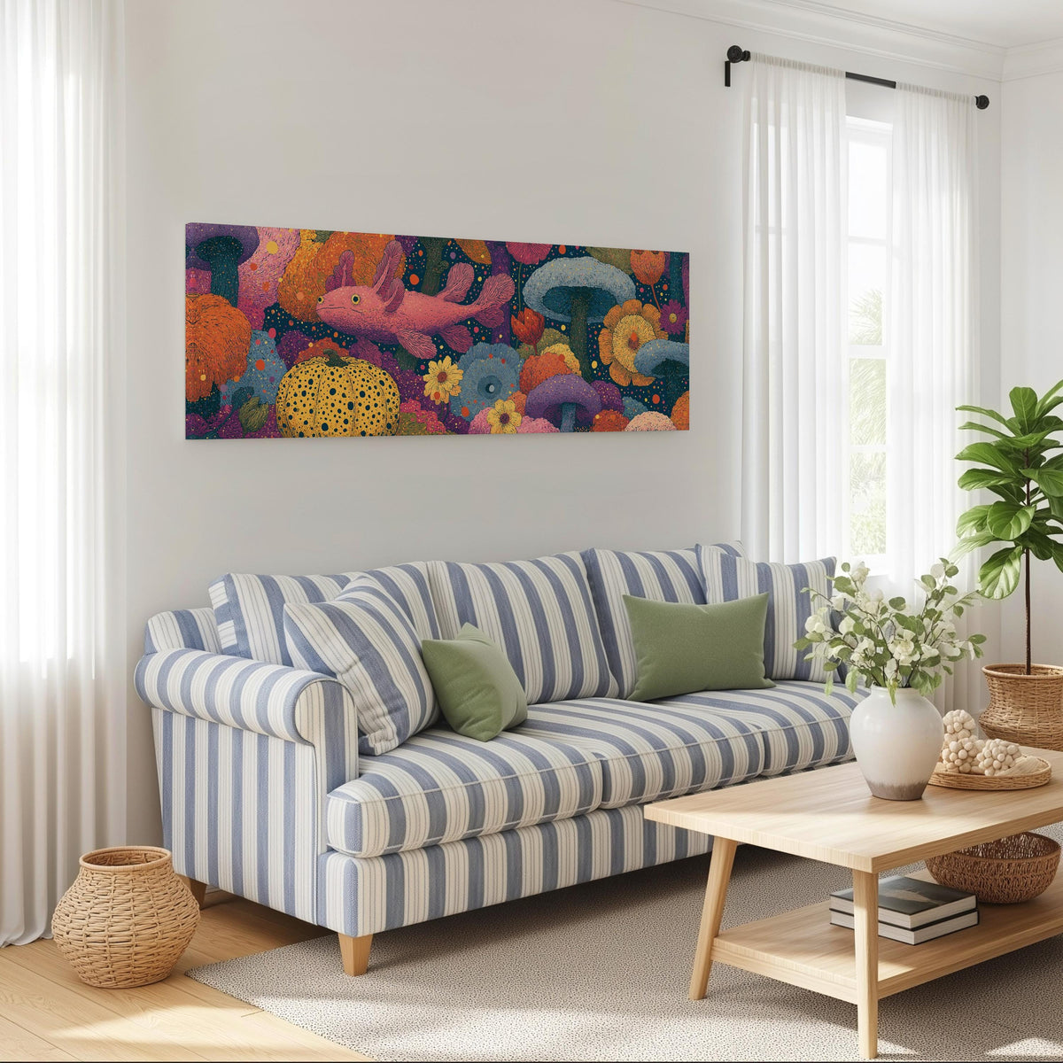Fantasy mushrooms with a pink creature long horizontal canvas print above a striped sofa in a coastal living room