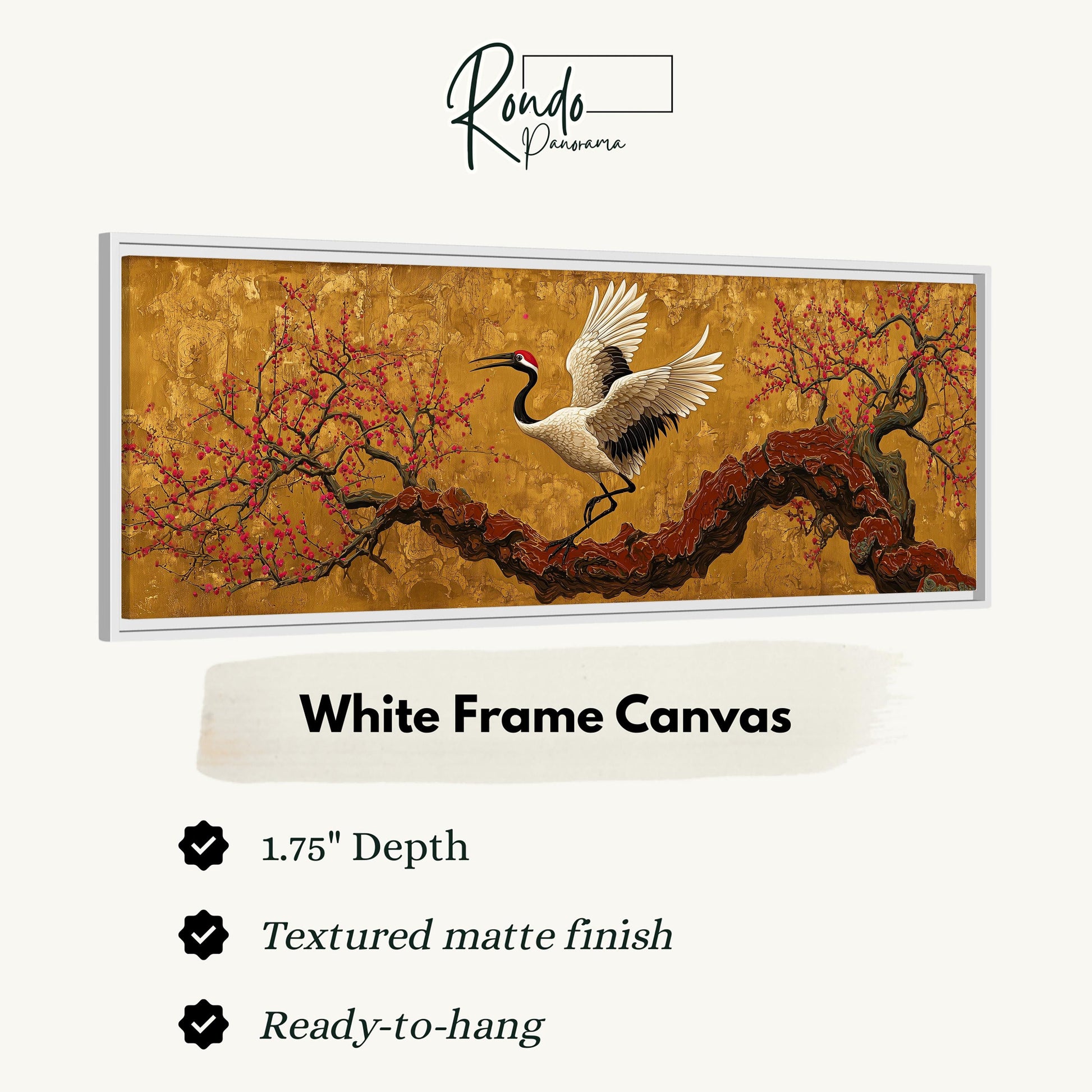 The image is a framed artwork depicting a white crane in flight over a tree with red berries.