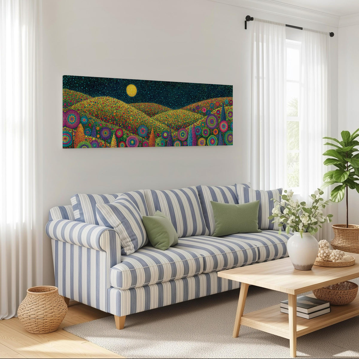 Moonlit flower hills long horizontal canvas print above a striped sofa in a coastal living room