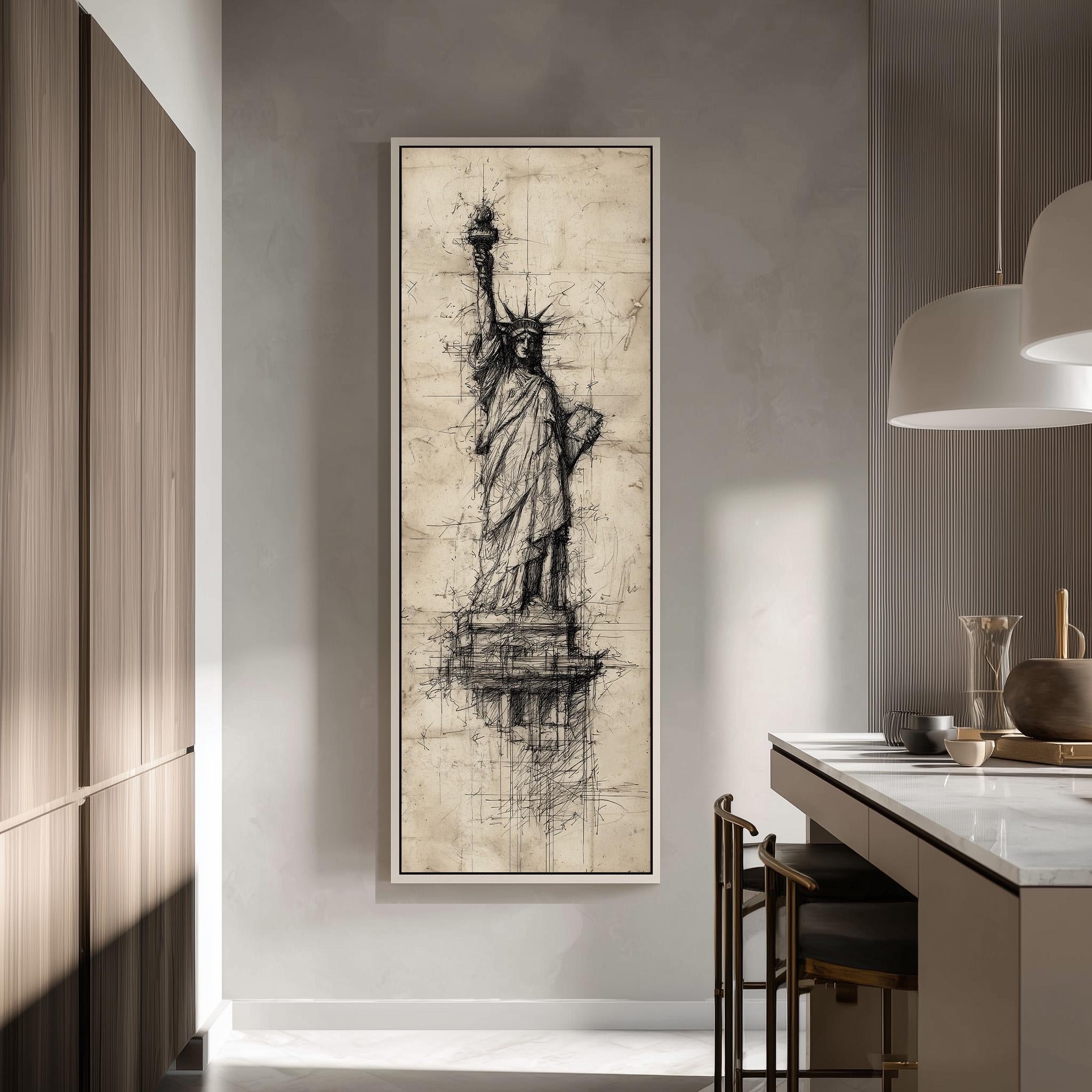 a large framed artwork of the Statue of Liberty hanging on a wall in a modern kitchen.