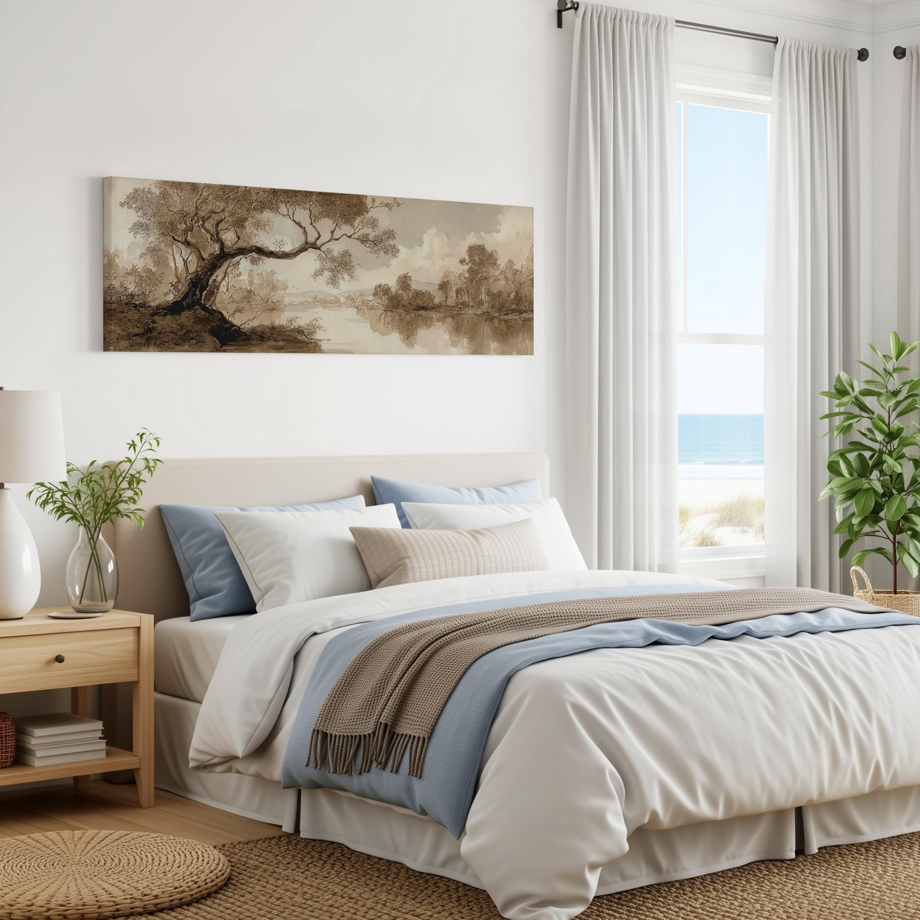 a serene bedroom with a large bed, a painting of a tree on the wall, and a window overlooking the ocean.