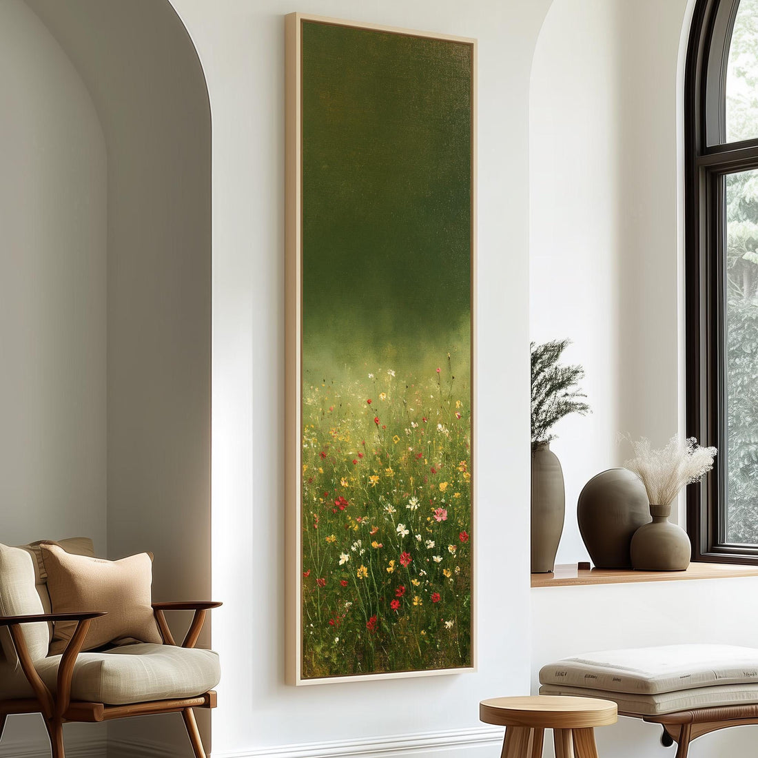 Wildflowers under a stormy green sky long vertical canvas print in a sunlit living space