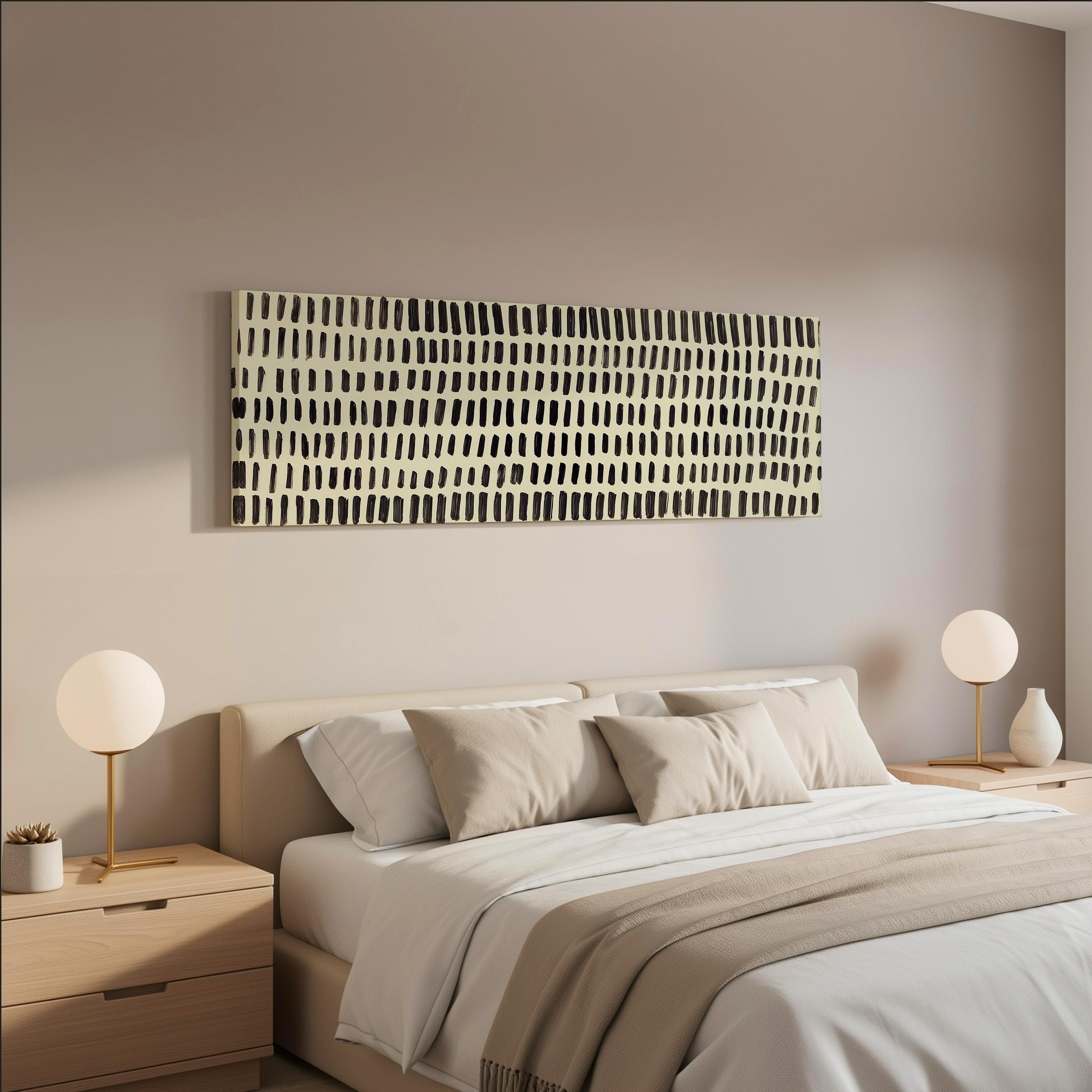 a modern bedroom with a large bed, two nightstands with lamps, and a large abstract painting hanging on the wall above the bed.