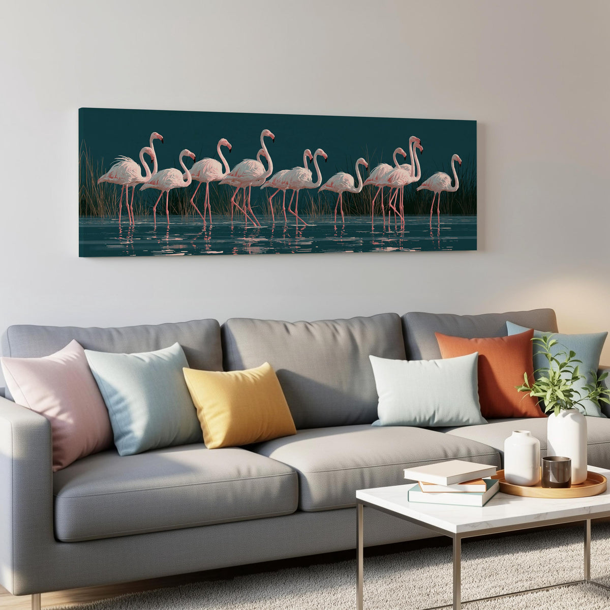 Blush pink flamingos on dark teal water panoramic canvas print above a grey sofa in a living room