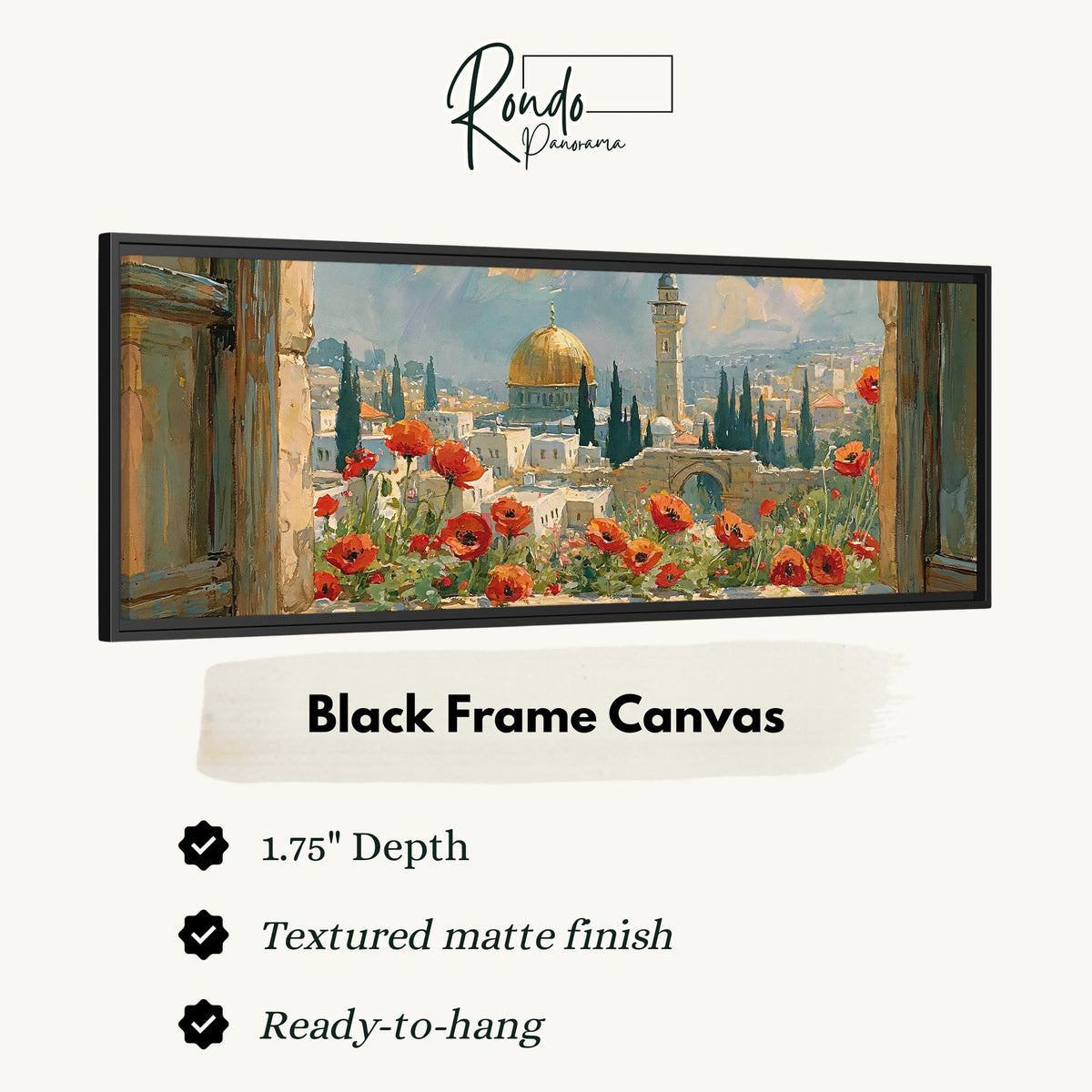 Jerusalem skyline through a window with poppies canvas print in a black floating frame