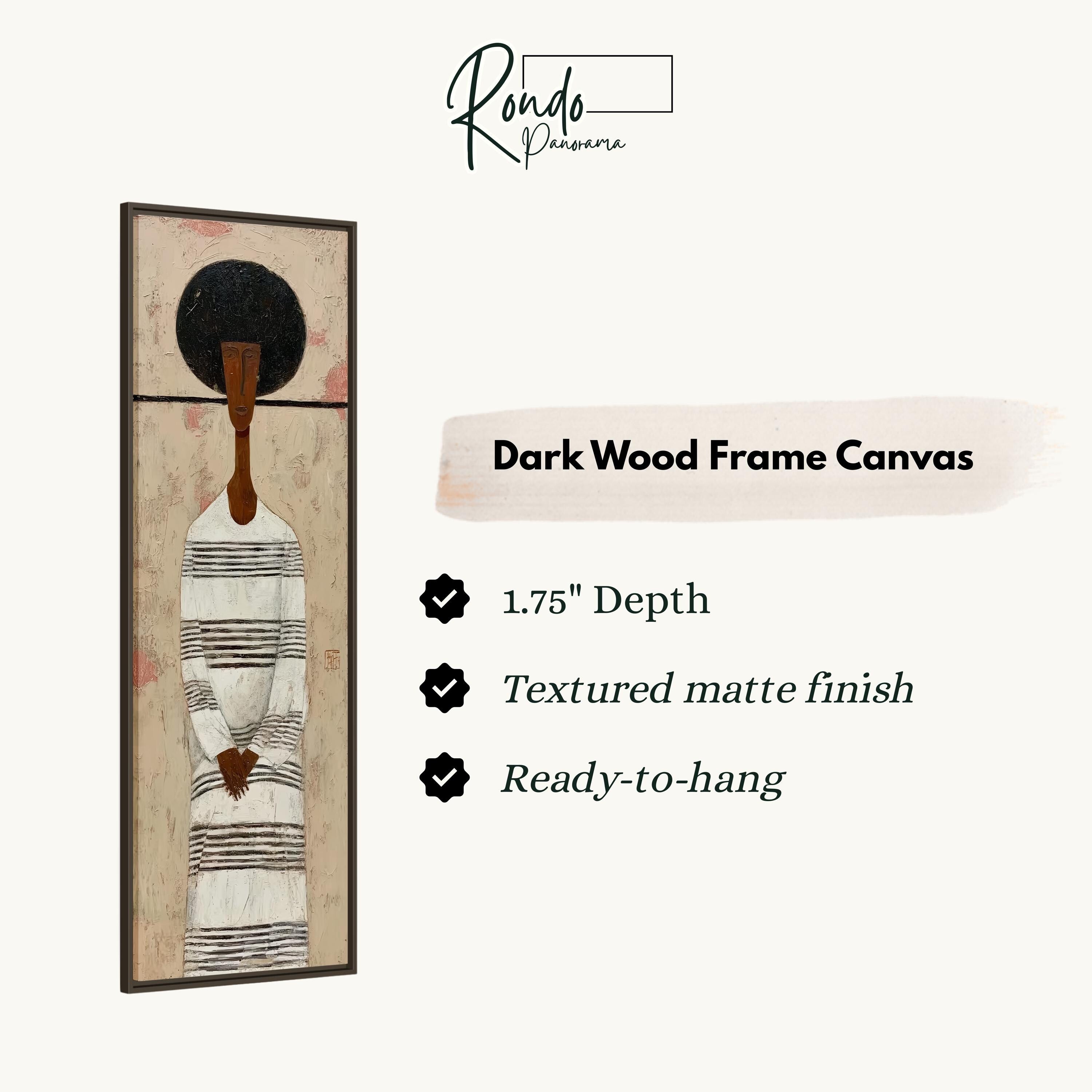 The image is a dark wood frame canvas depicting a stylized figure with a striped dress.