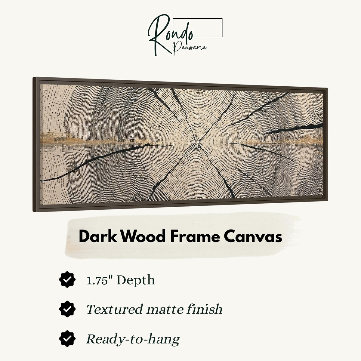Pale gold wood ring canvas print in a dark wood floating frame