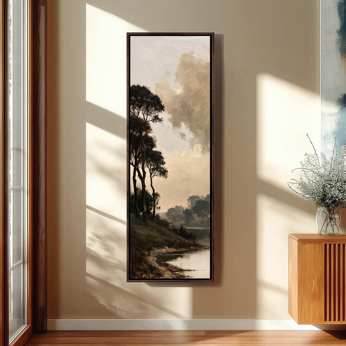 Dark trees by a misty lake in golden brown tones long vertical canvas print in a sunlit living space