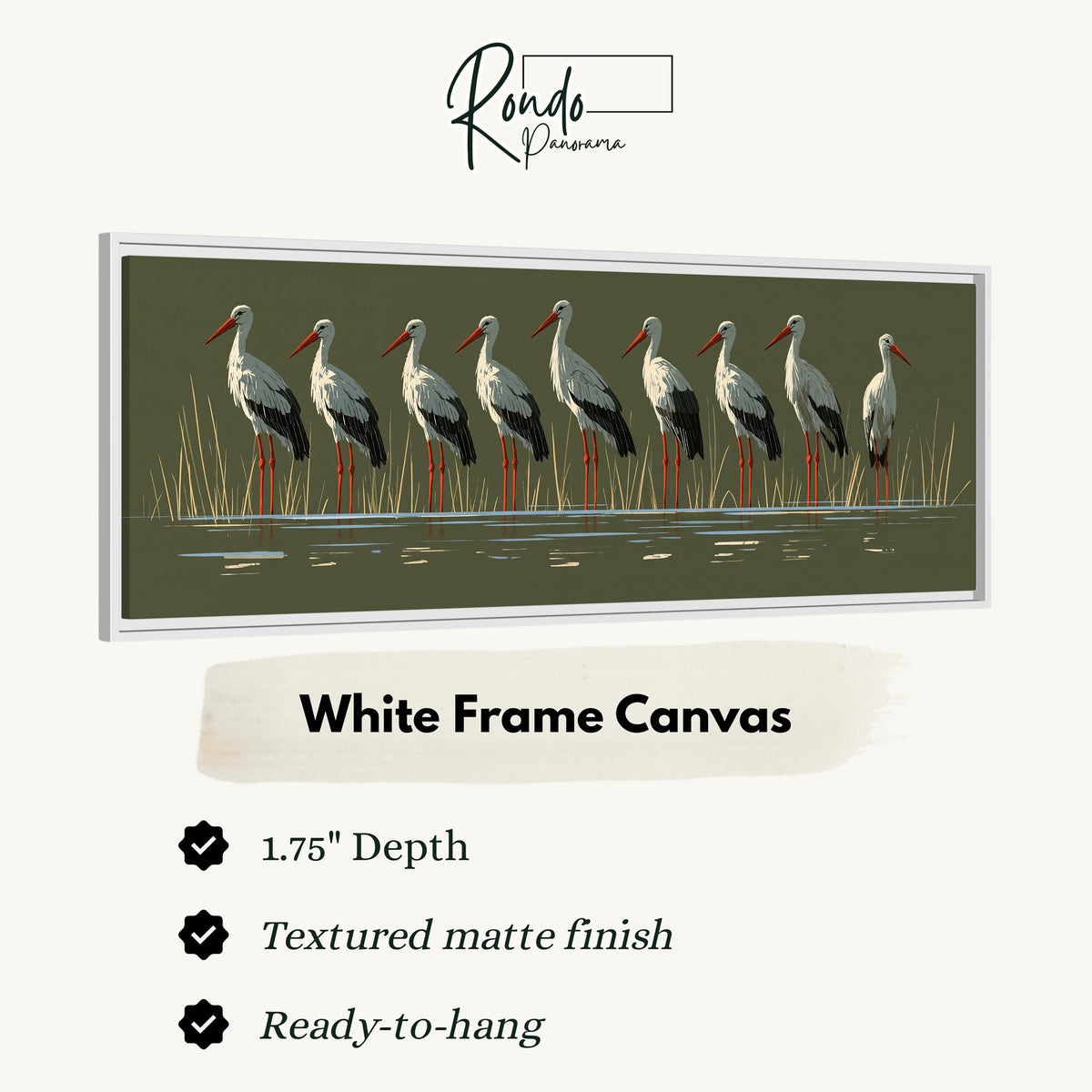 Flock of storks on olive green canvas print in a white floating frame
