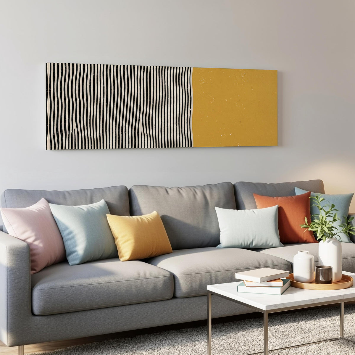 Black wavy stripes beside a mustard block panoramic canvas print above a grey sofa in a living room
