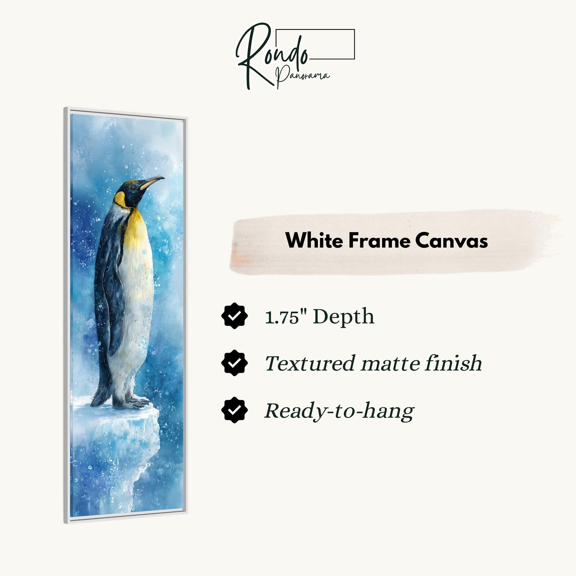 a penguin standing on a cliff, with a white frame and text providing information about the artwork.