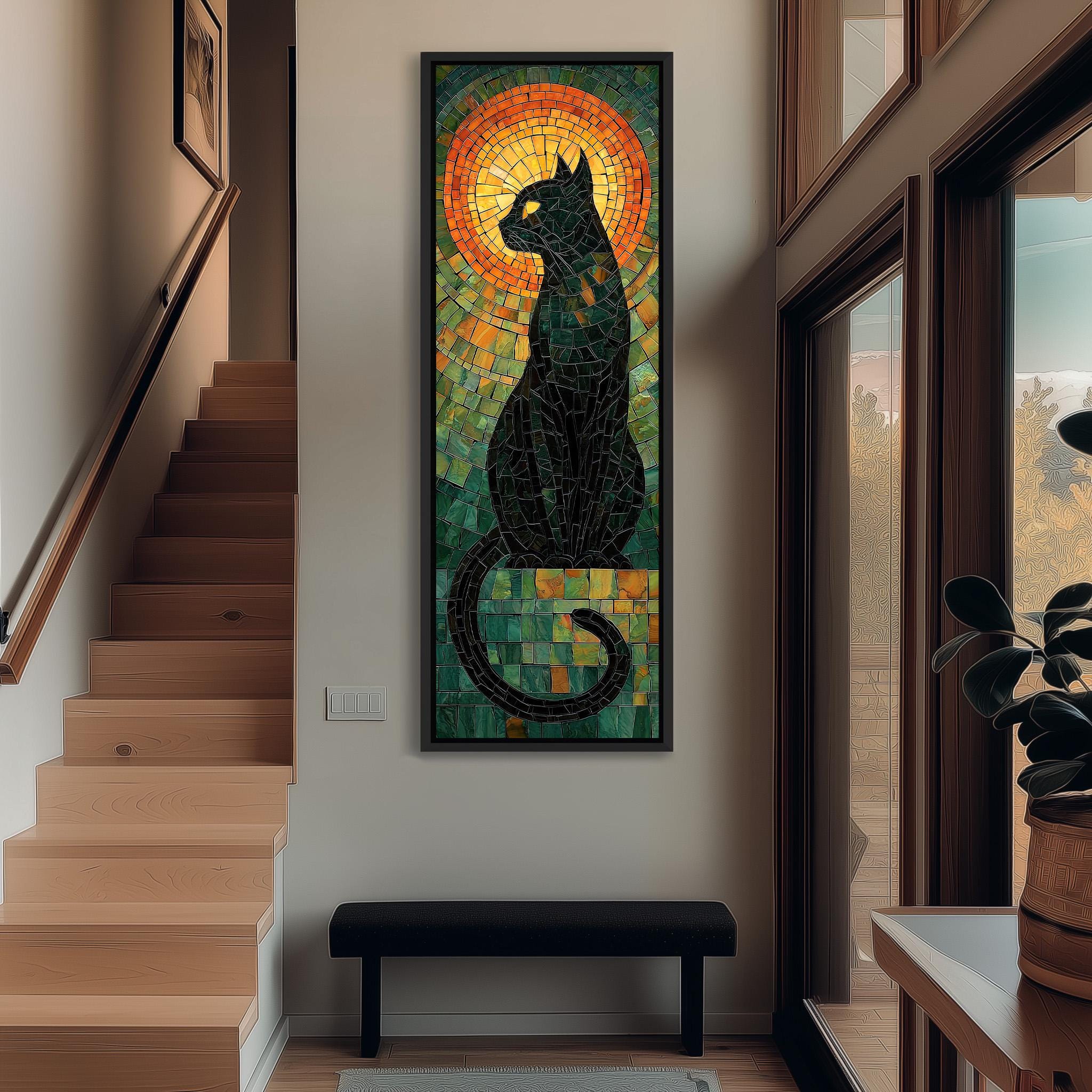 a large, colorful stained glass window depicting a black cat, hanging on the wall of a hallway.