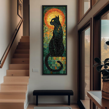 a large, colorful stained glass window depicting a black cat, hanging on the wall of a hallway.
