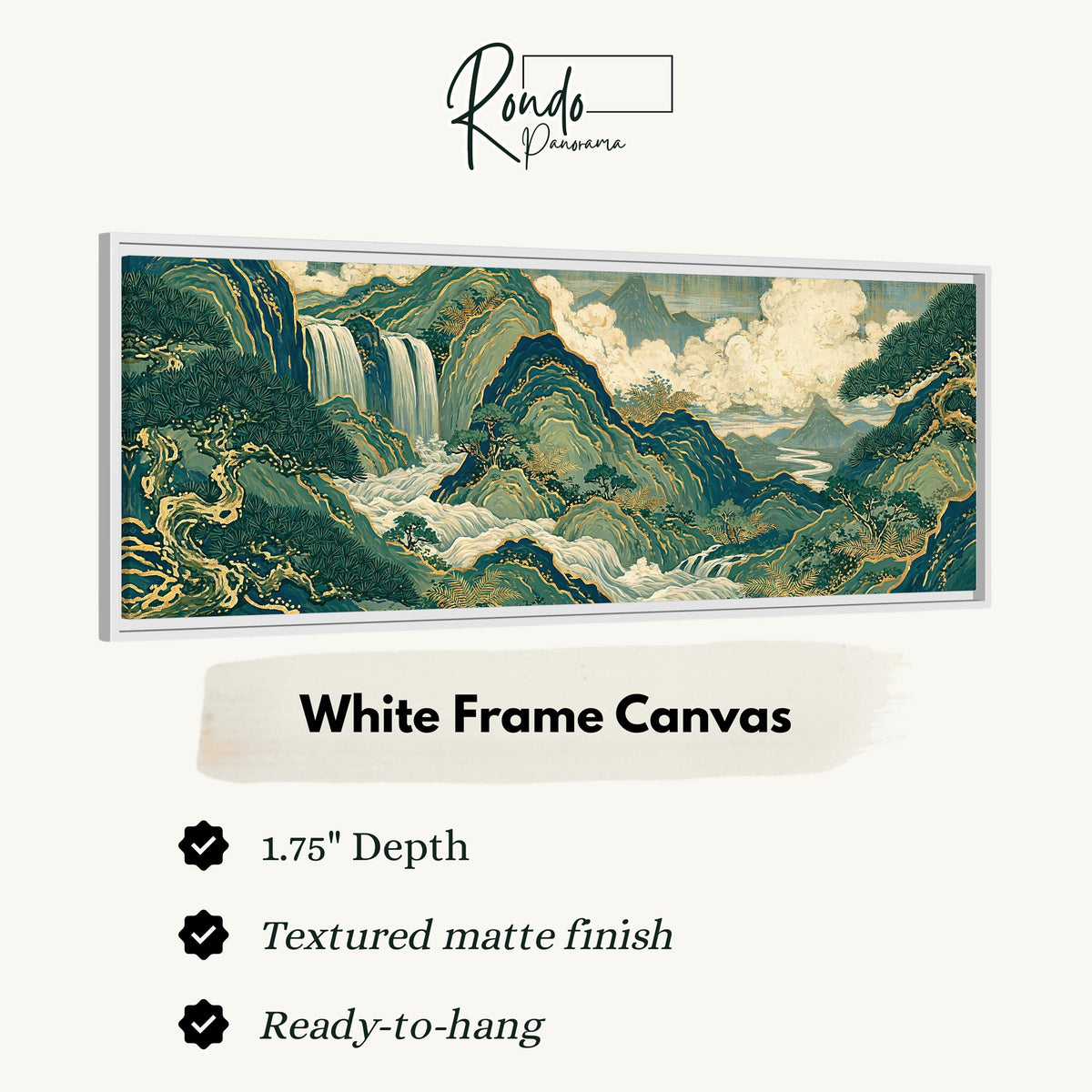 Emerald waterfall mountains with gold lines canvas print in a white floating frame
