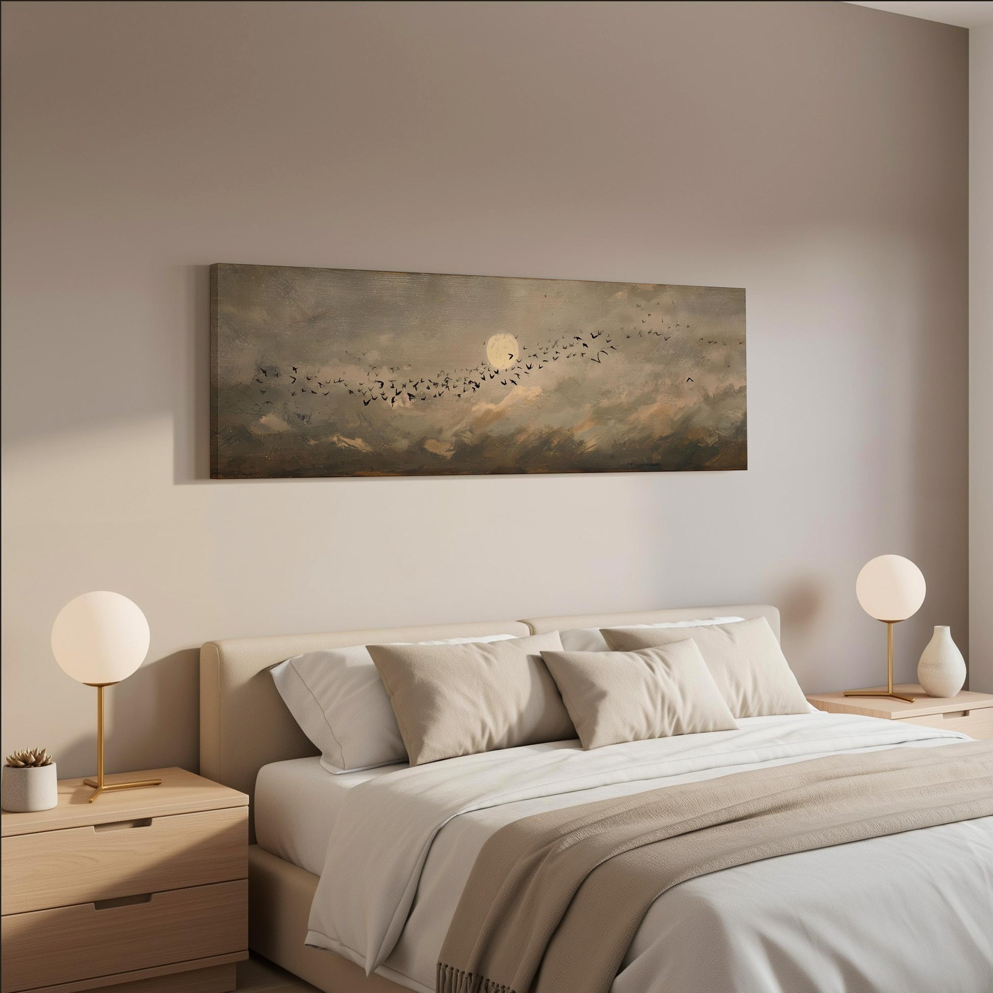 a serene bedroom scene with a large bed adorned with white linens and beige throw pillows. Above the bed, a painting of a flock of birds flying across a cloudy sky is displayed on the wall. The room is decorated with two round table lamps on either side of the bed, creating a warm and inviting atmosphere.