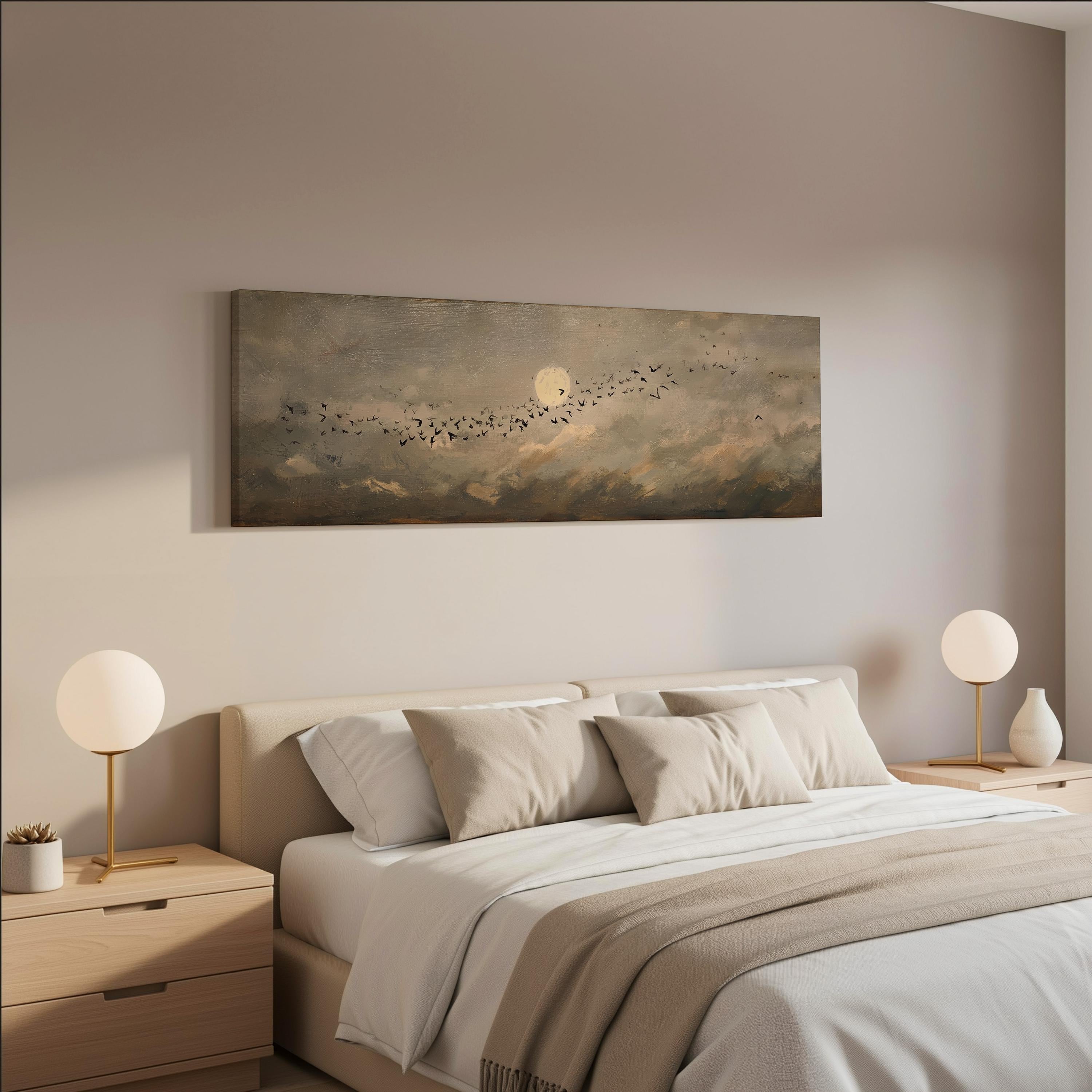 a serene bedroom scene with a large bed adorned with white linens and beige throw pillows. Above the bed, a painting of a flock of birds flying across a cloudy sky is displayed on the wall. The room is decorated with two round table lamps on either side of the bed, creating a warm and inviting atmosphere.