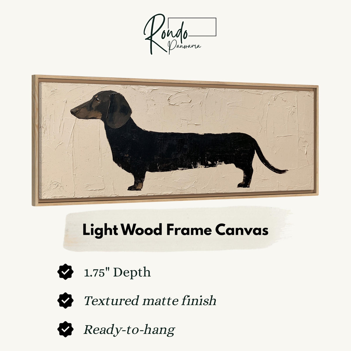Black dachshund silhouette canvas print in a light wood floating frame