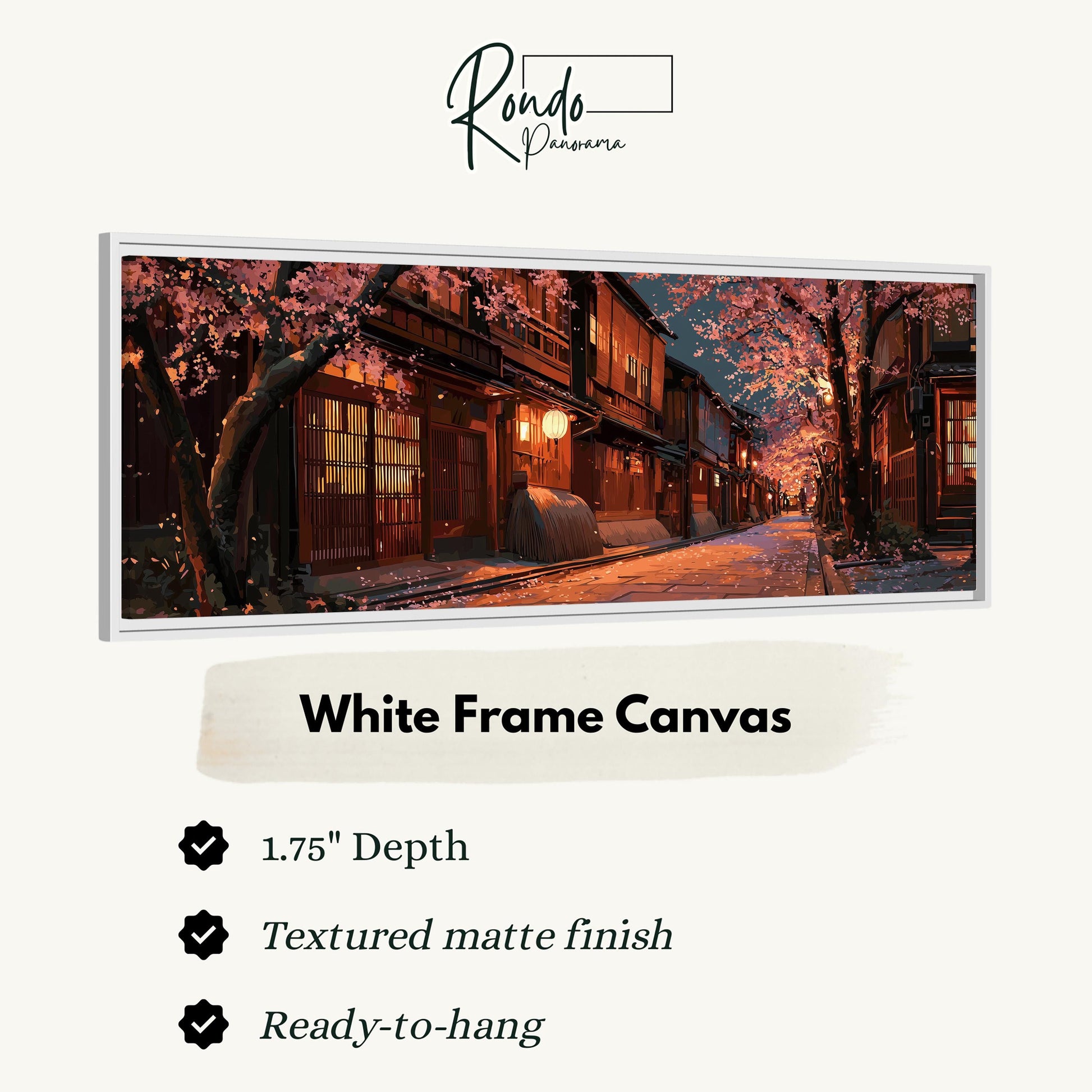 The image is a white frame canvas depicting a serene street scene with cherry blossom trees in full bloom, illuminated by warm lighting.
