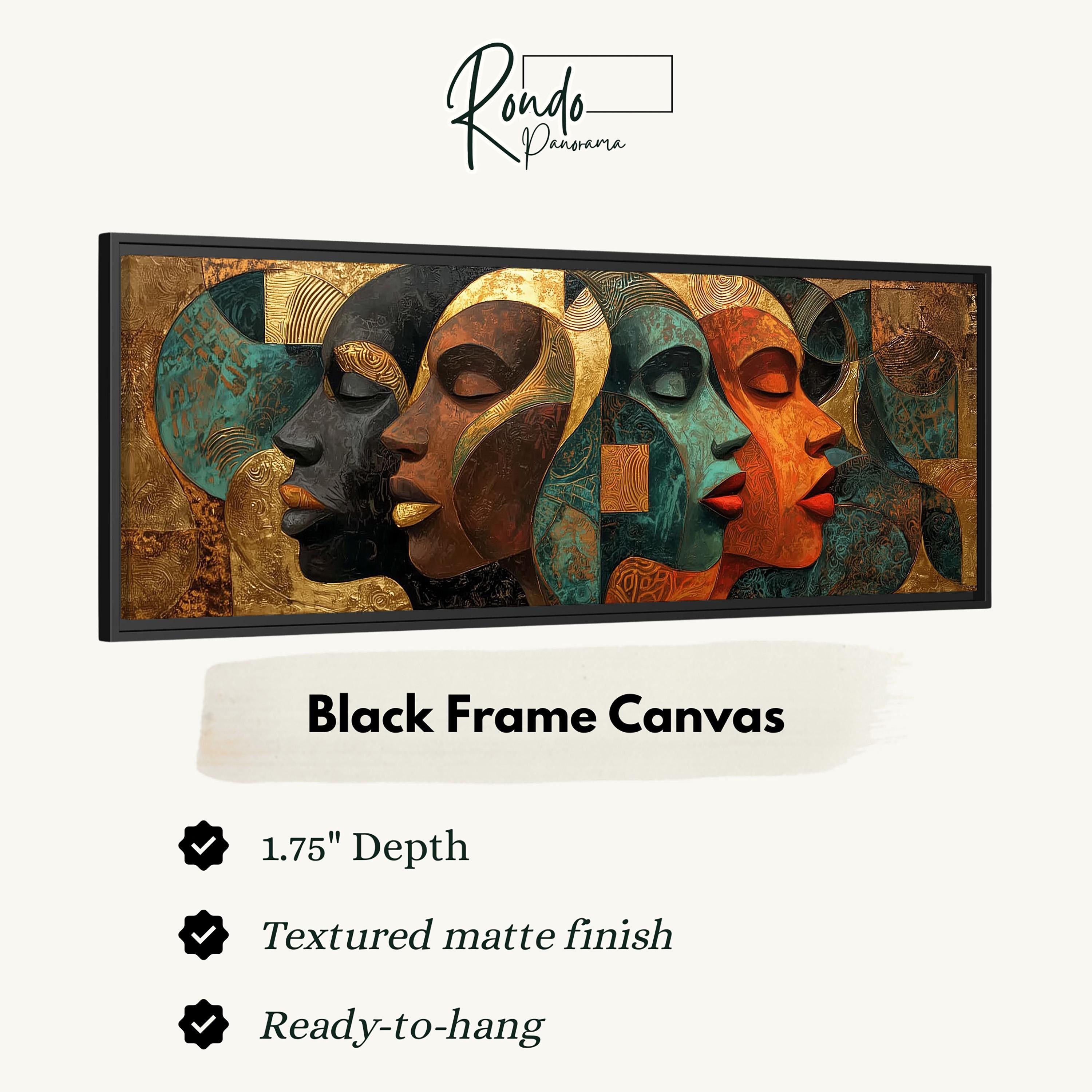 The image is a black frame canvas featuring abstract portraits of four faces in different colors and expressions.