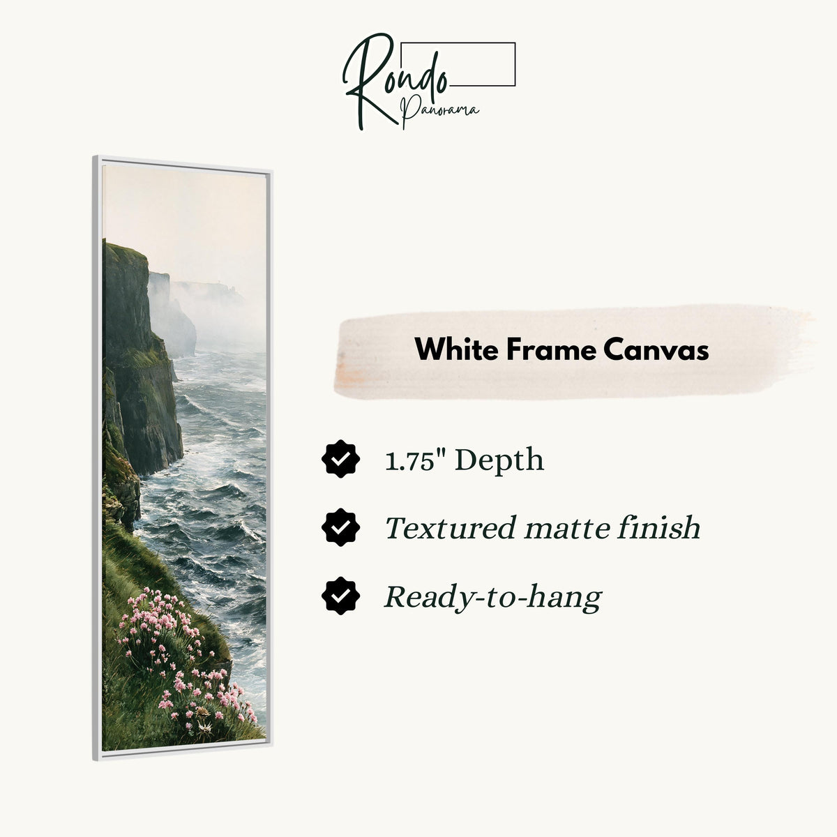 Misty sea cliffs with pink wildflowers canvas print in a white floating frame