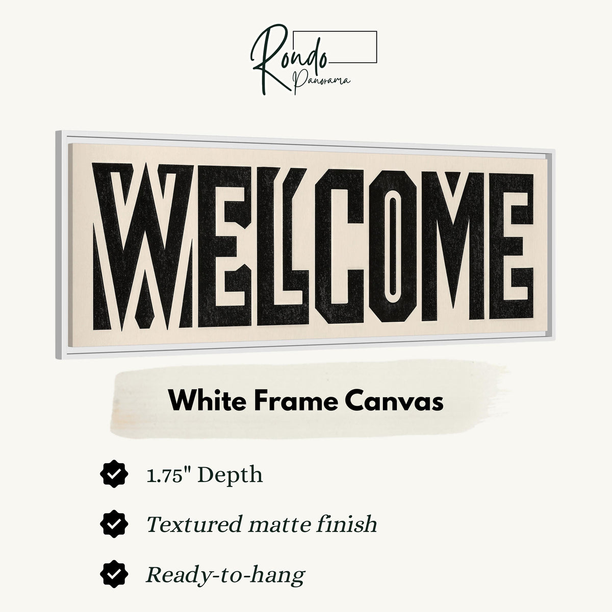 Bold welcome block letters canvas print in a white floating frame