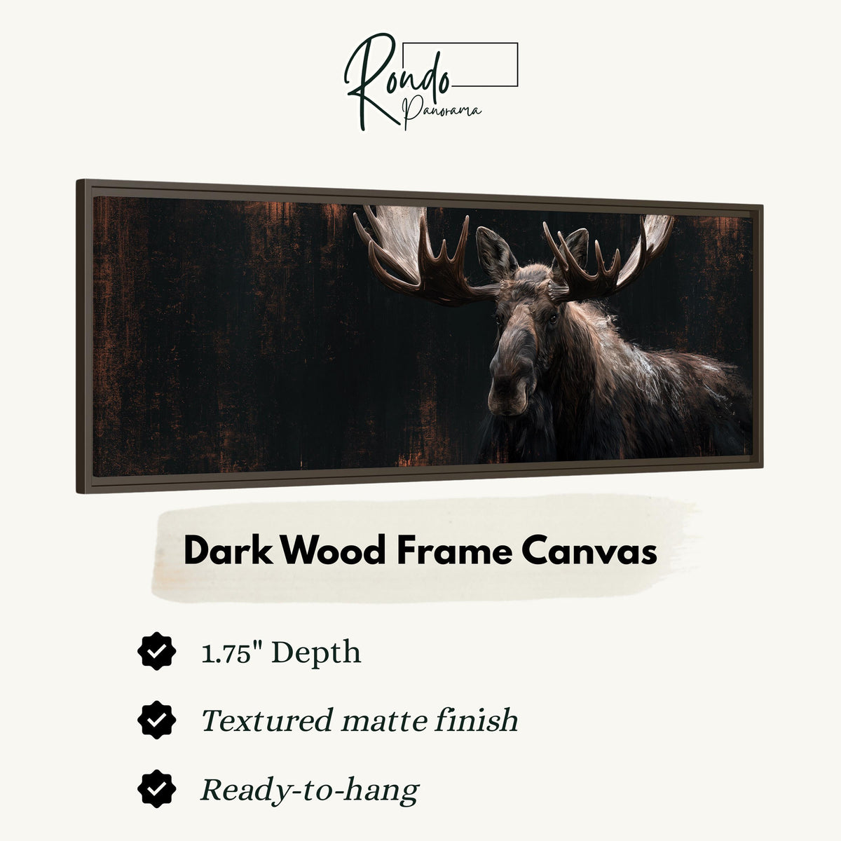 Dark moose portrait canvas print in a dark wood floating frame