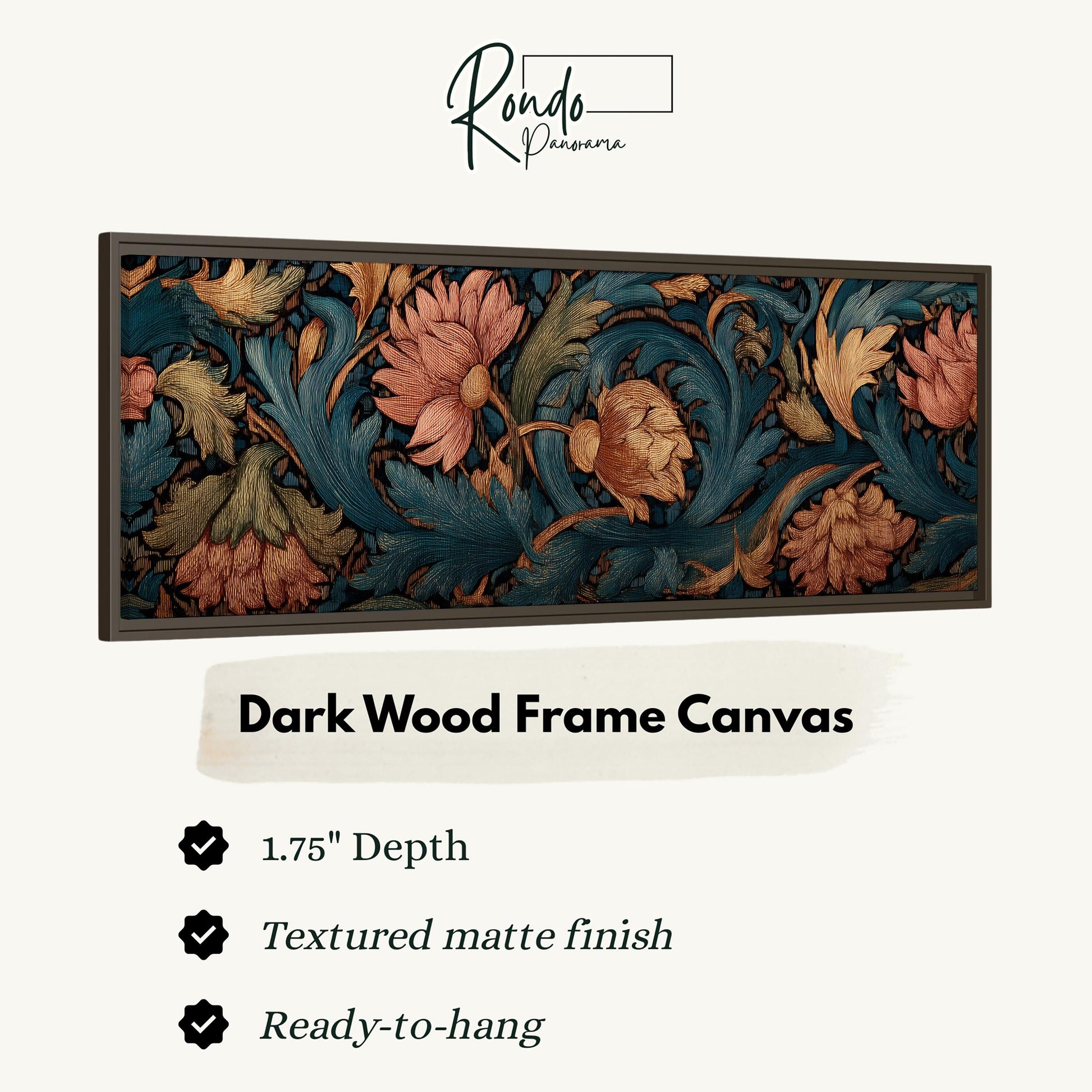 The image is a framed artwork featuring a floral design in dark wood frame.
