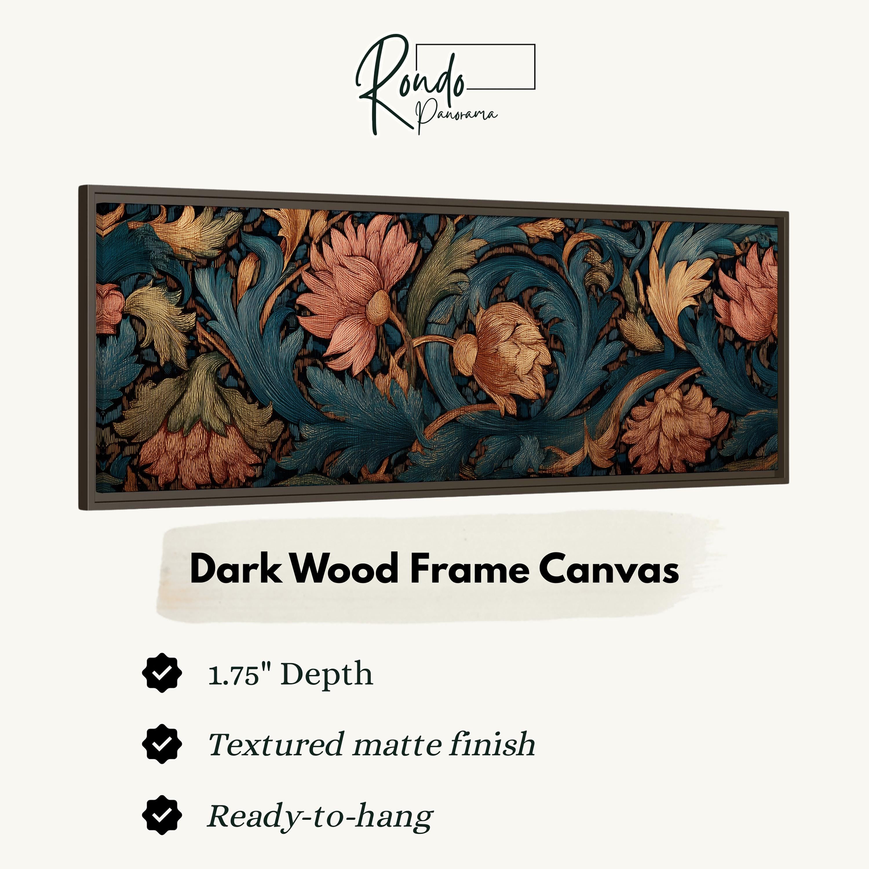 The image is a framed artwork featuring a floral design in dark wood frame.