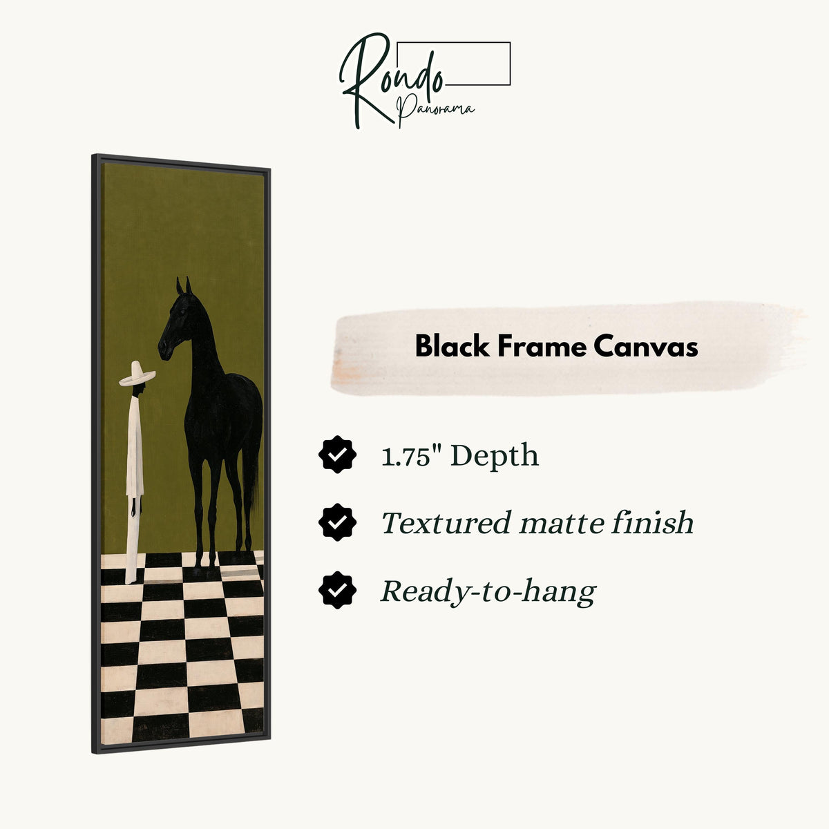 Black horse and figure on a checkerboard floor canvas print in a black floating frame
