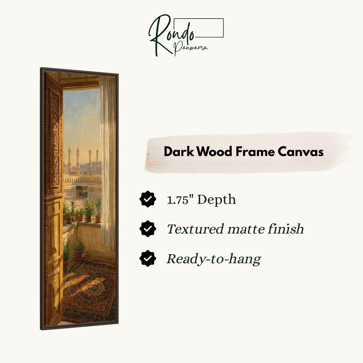 View of Mecca from an ornate window canvas print in a dark wood floating frame