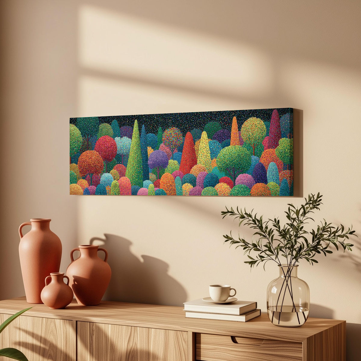 Whimsical rainbow pointillist forest long horizontal canvas print above a wooden sideboard
