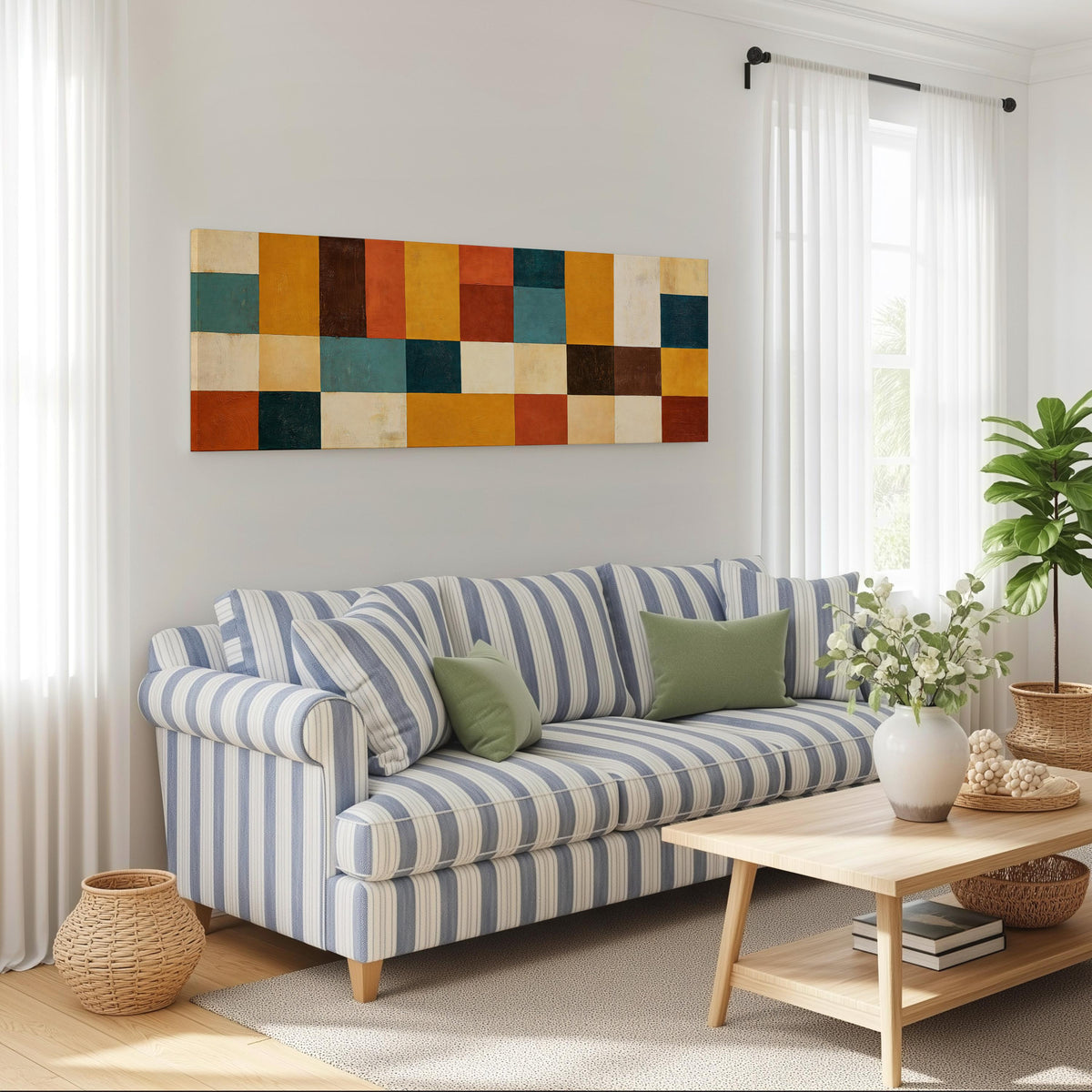 Ochre, rust and teal patchwork blocks long horizontal canvas print above a striped sofa in a coastal living room