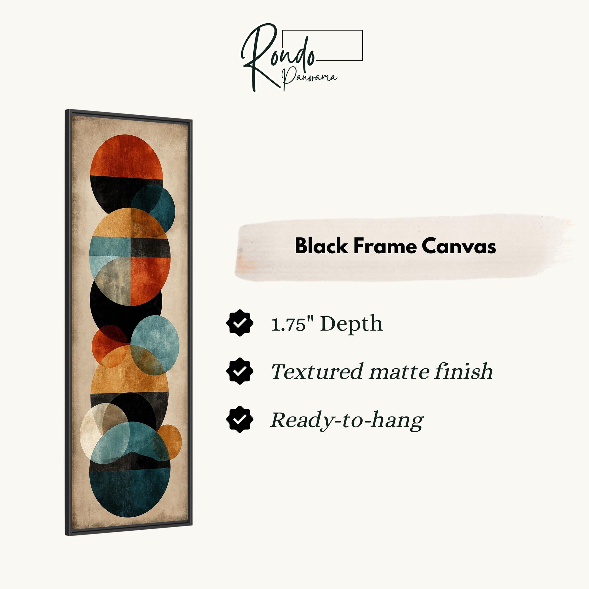 The image is a black frame canvas with a geometric design of overlapping circles in various colors, including orange, blue, and green.