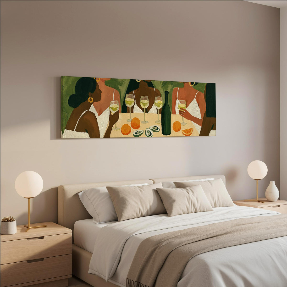 Friends toasting with white wine wide panoramic canvas print above a bed in a neutral bedroom