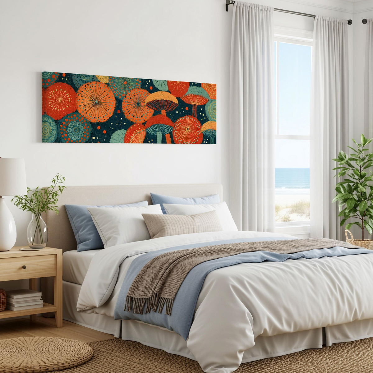 Orange and teal mushroom starburst panoramic canvas print above a bed in a coastal bedroom