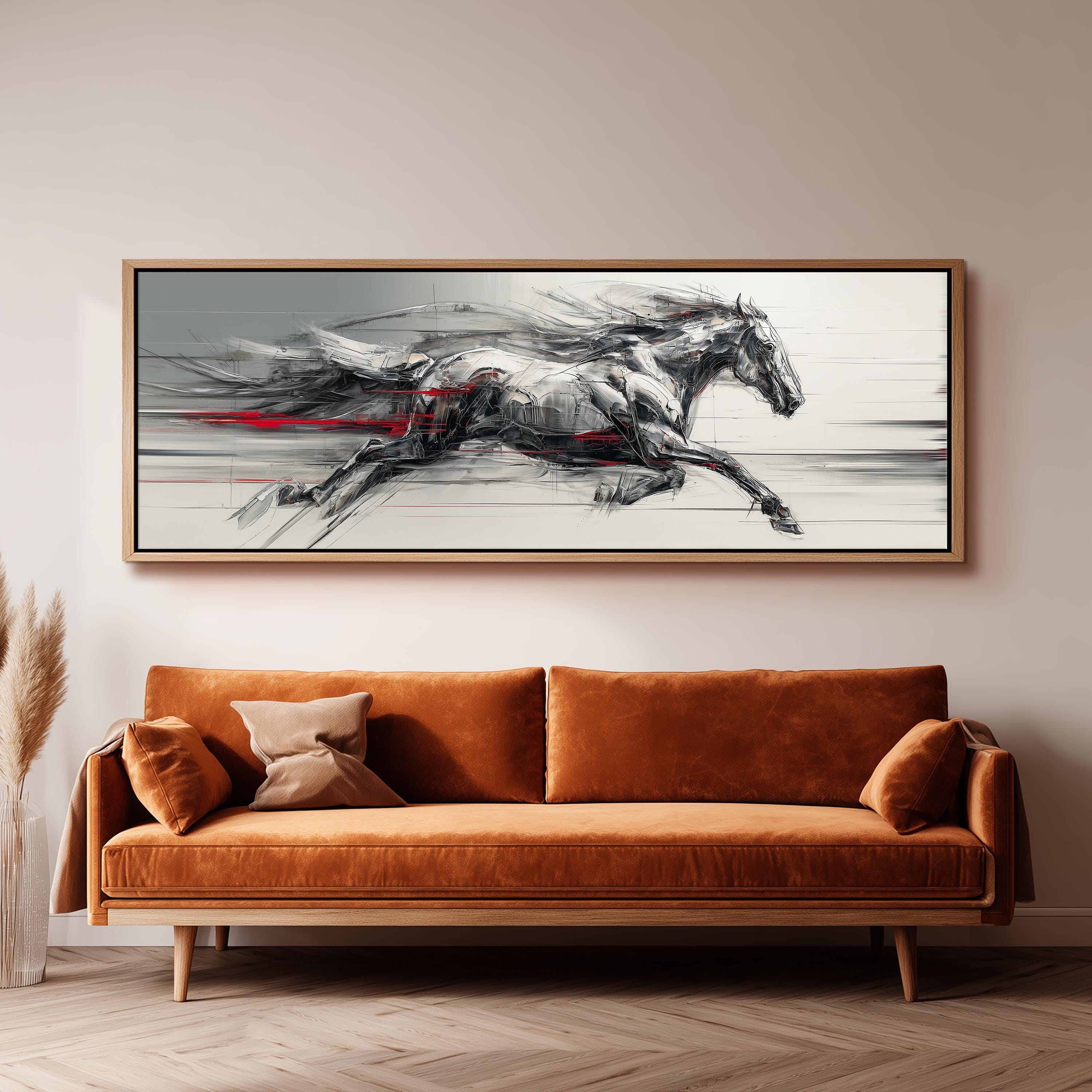 a large, abstract painting of a horse in motion, hanging on a wall above a brown sofa.