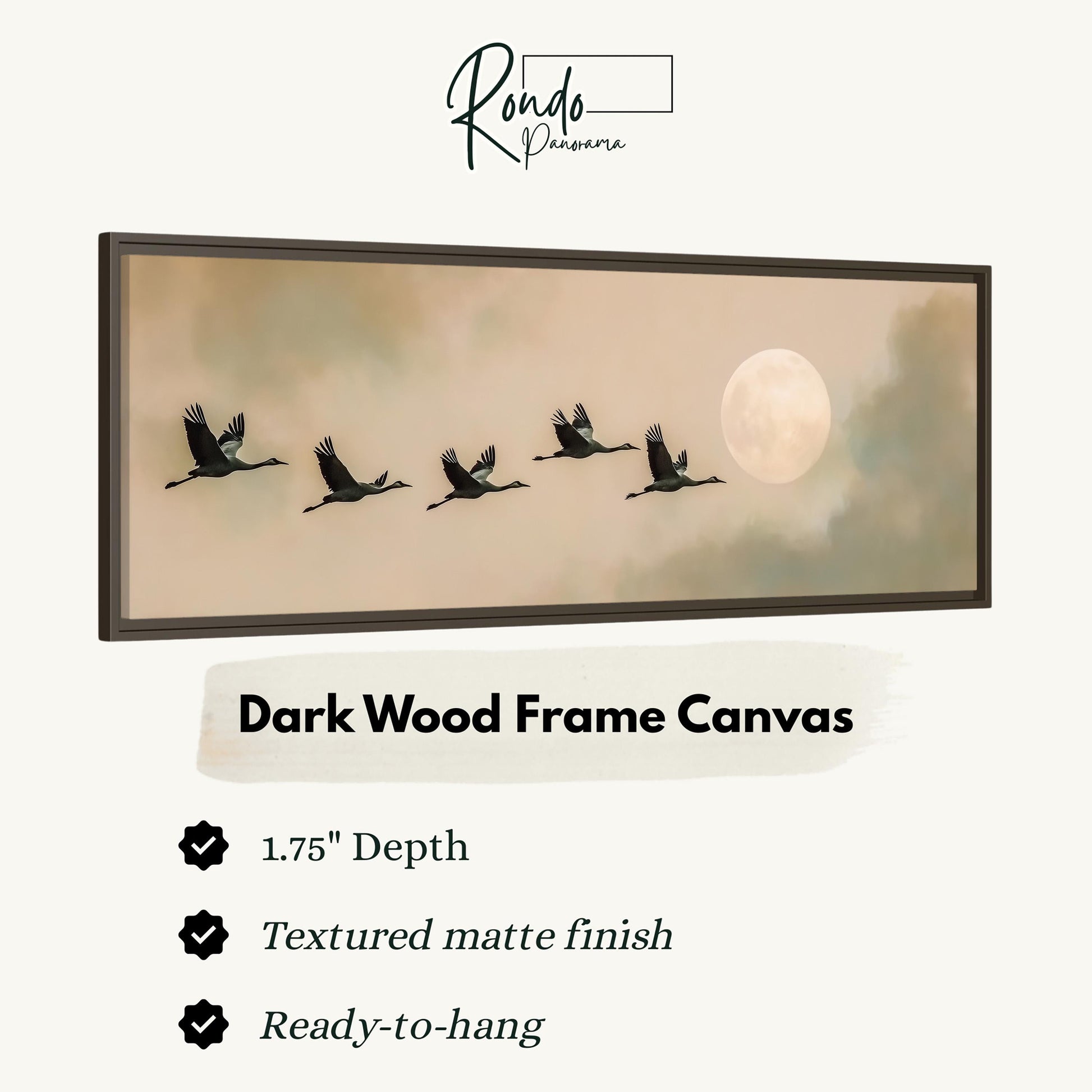 A framed artwork depicting a flock of birds flying in formation against a backdrop of a full moon and a cloudy sky.