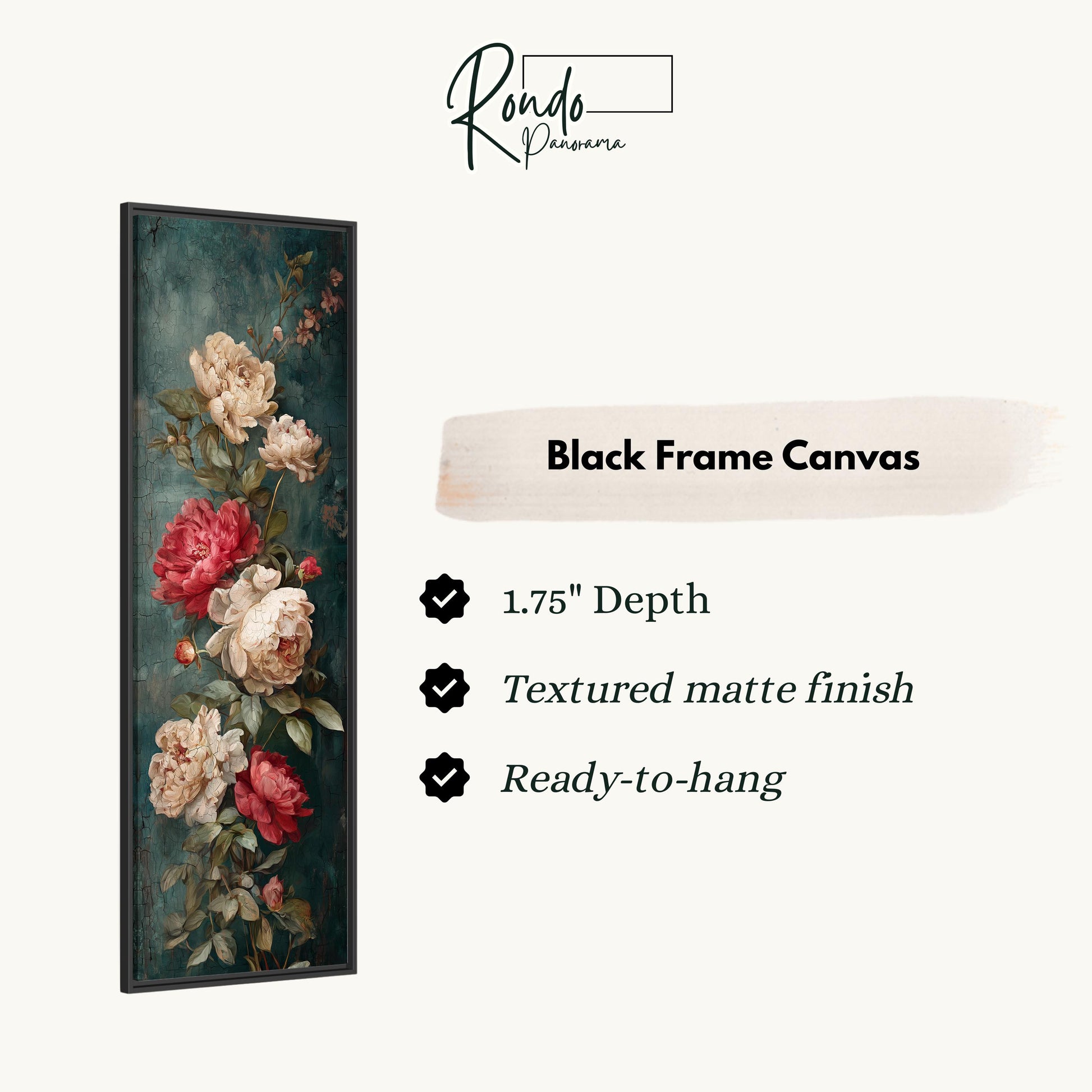 The image is a black frame canvas featuring a floral design with red and white flowers.