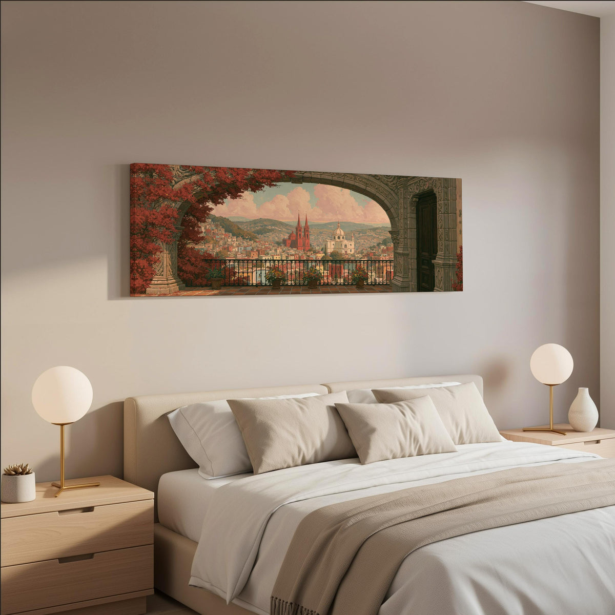 Old world city view through an archway wide panoramic canvas print above a bed in a neutral bedroom